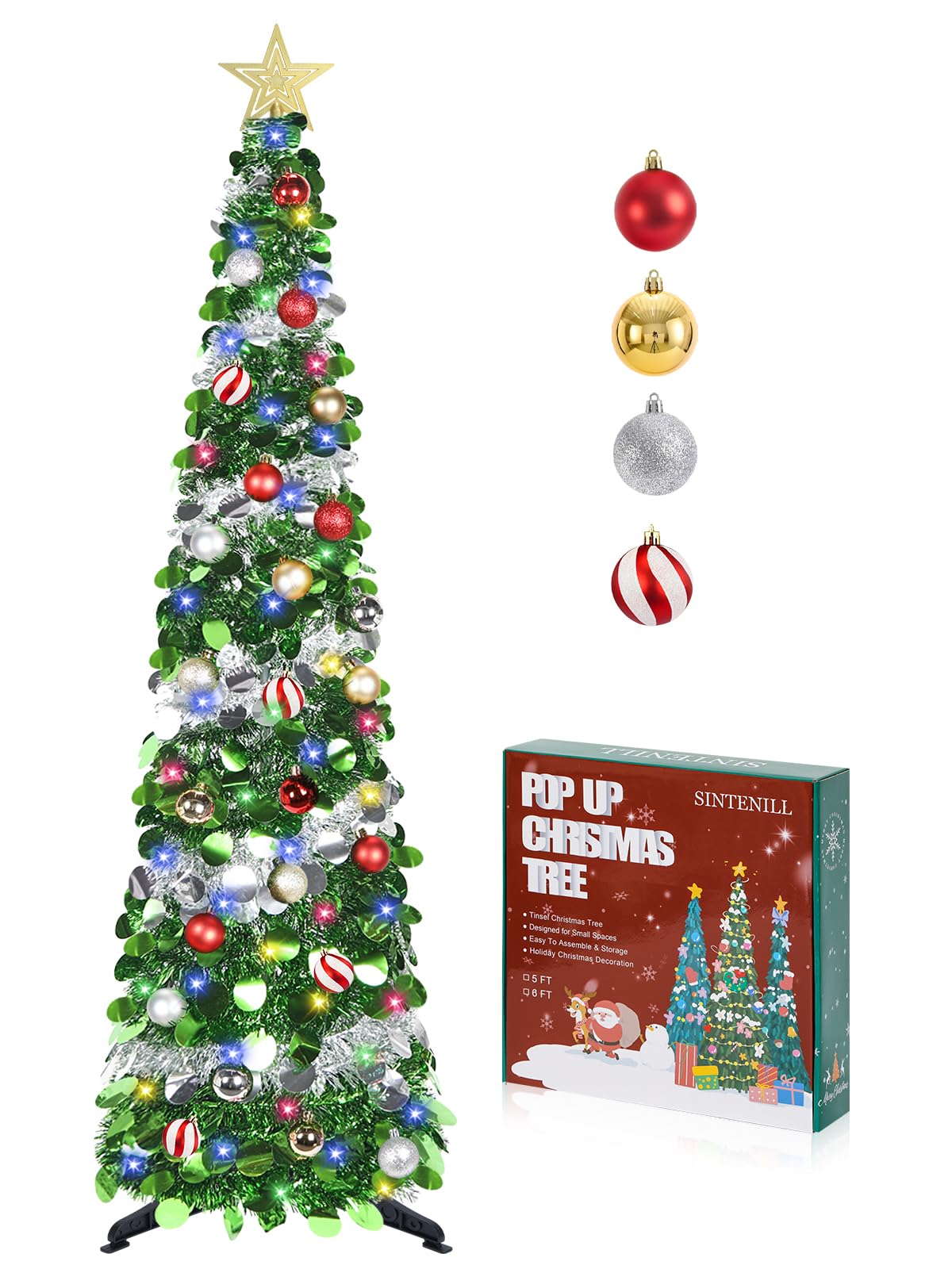 SINTENILL 5 FT Pop Up Christmas Tree with Timer Lights and Decorations, Green Artificial Tinsel Christmas Tree with 24 Ball Orna