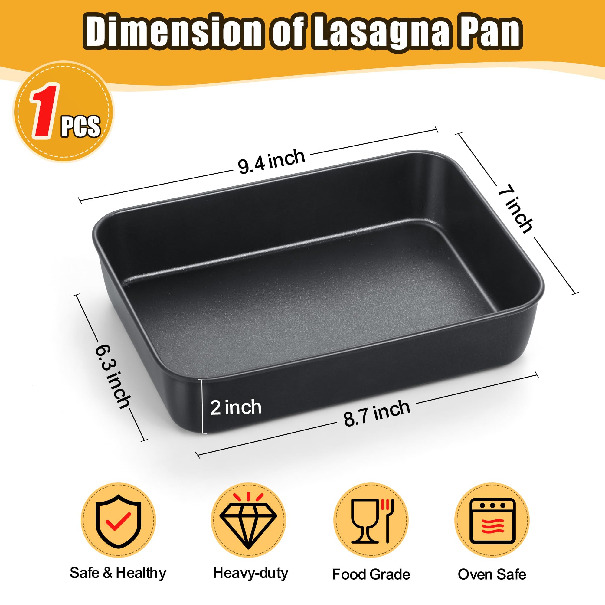 Teamfar Lasagna Pan, 9.4 X 7 X 2 Inch Stainless Steel Deep Baking Roasting Brownie Pan For Toaster Oven, Black Non-Stick Coating