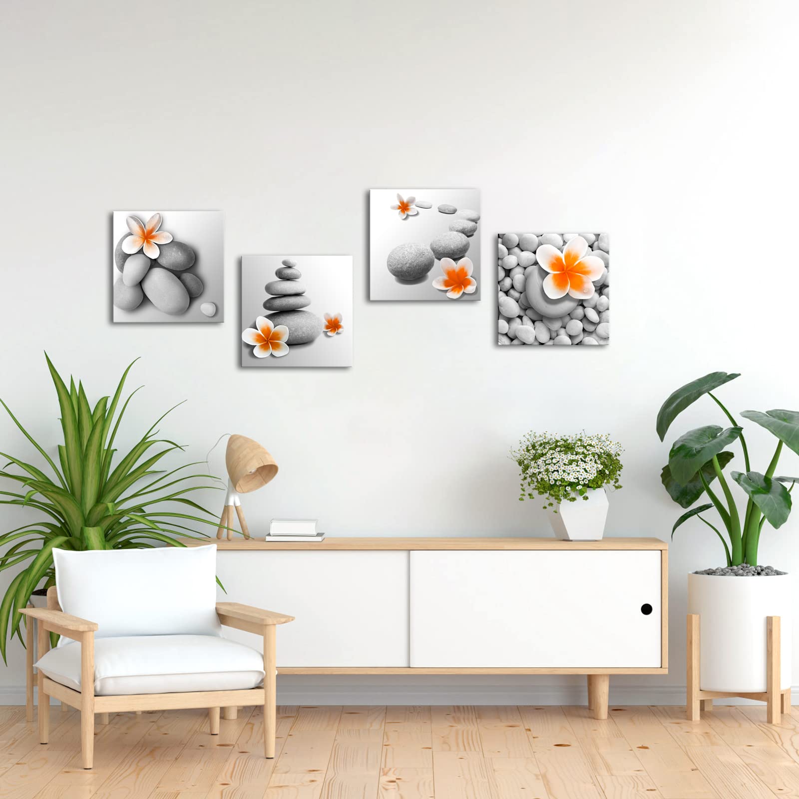 iKNOW FOTO Zen Stone with Orange Flower Wall Art  Framed Canvas Print for Relaxing Bathroom  Bedroom  Spa D?cor  Tranquil Nature-Inspired Design  Ready to Hang (12x12 inches)