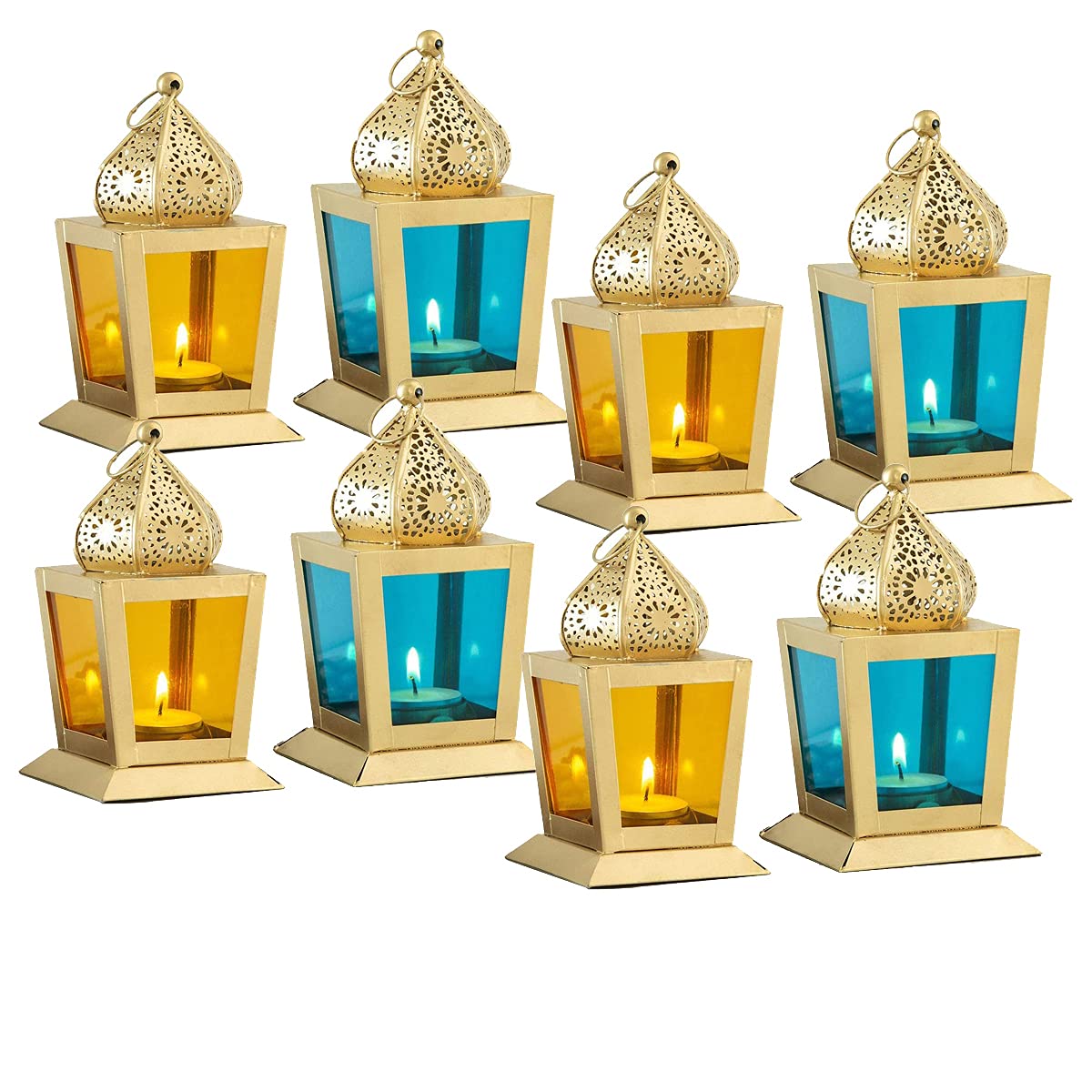 Imrab Creations Moroccan Square Hanging Lantern Lamp with Tealight Candle Holder (Yellow&SkyBlue, Set of 8, Combo), Iron