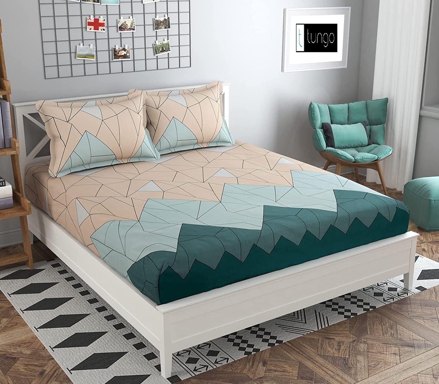 T tungol Elastic Fitted Glace Cotton Single Bedsheet with One Pillow Covers(for 46 Inches Mattress) (Green)