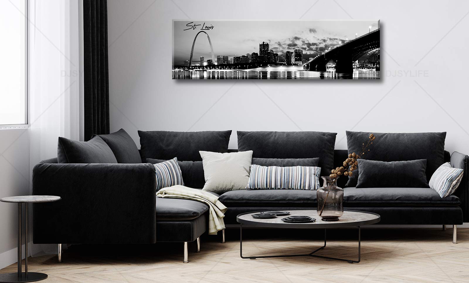 Djsylife Panoramic St. Louis Skyline Wall Art Cityscape Picture Black And White Canvas Print Night View Urban Landscape Modern A