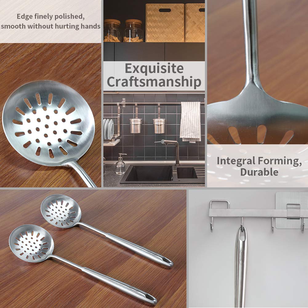 Newness Slotted Spoon  [Rustproof  Heat Resistance  Integral Forming] Durable 304 Stainless Steel Skimmer Spoon with Vacuum Ergonomic Round Handle  Cooking Strainer Spoon for Kitchen  15.47 Inches