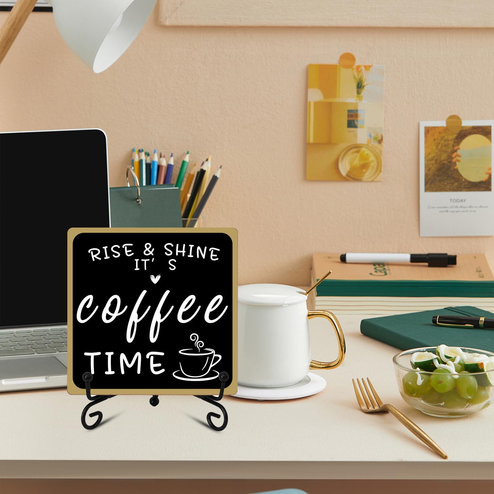 2Pcs Coffee Bar Sign Decorations, Black and White Coffee Sign Decor with Iron Stand Wooden Coffee Bar Decor Tabletop Shelf Acces