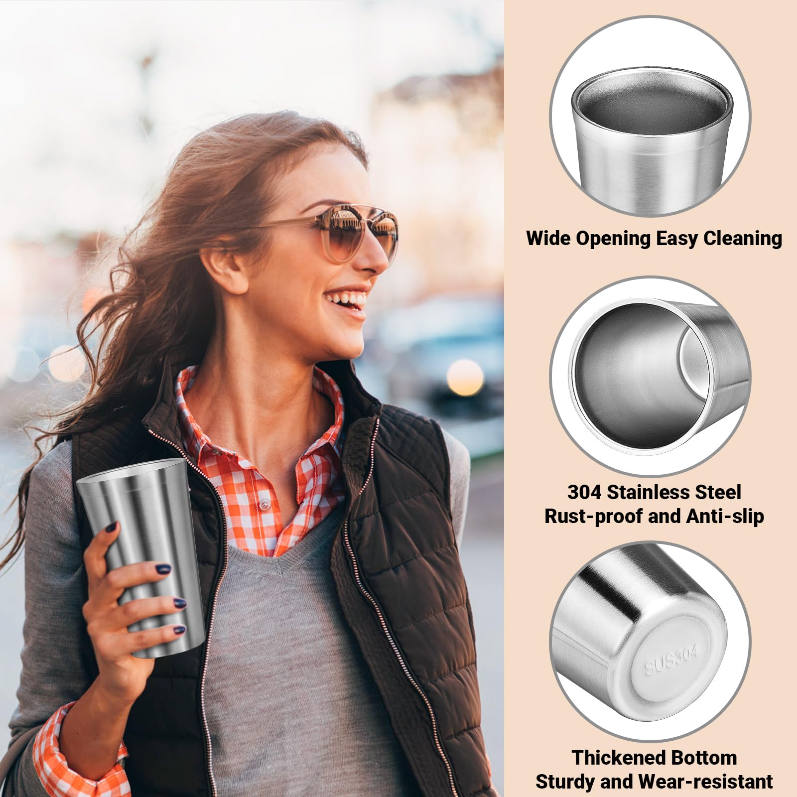 Offiper Stainless Steel Cups, 16 Oz Insulated Tumbler, 4 Pack Double Wall Unbreakable Stackable Water Tumblers Vacuum Insulated