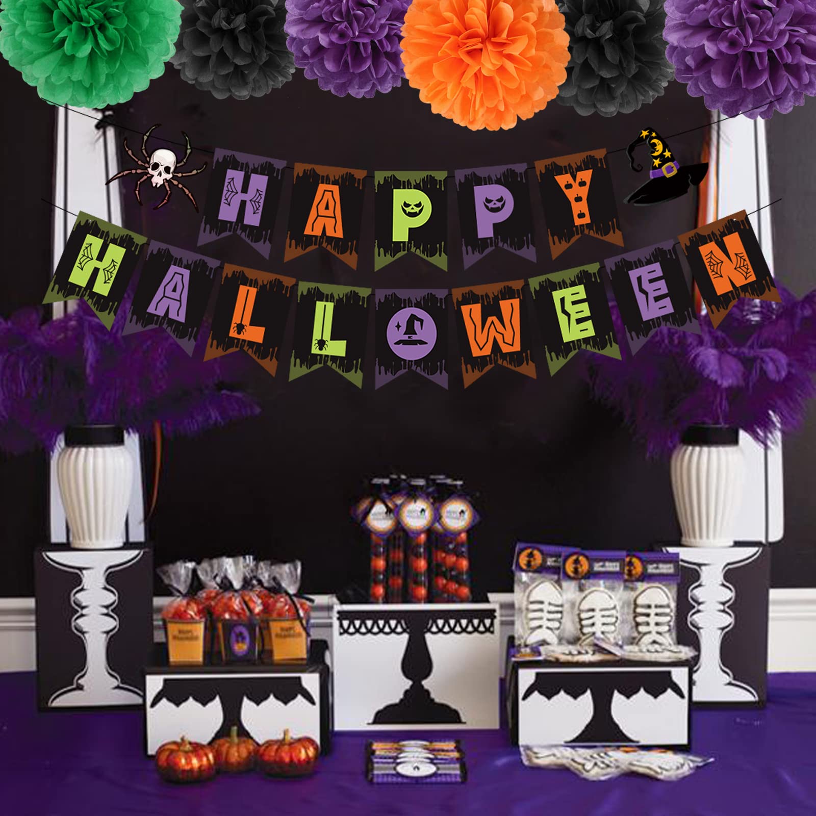 Black-Orange Green-Purple Halloween Party-Decorations - 8Pc Kit Happy Halloween Banner, Tissue Flower Paper Pom Poms Streamers,C