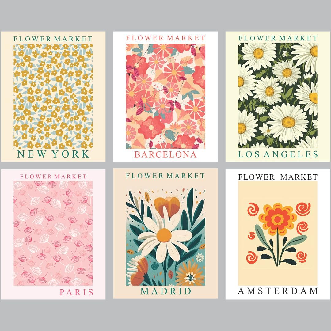 Cvanu Set Of 6 Beautiful Flower Market Botanical Design Printed Aesthetic Wall Art Collage Kit Posters With Glue Dot Tape For Ha