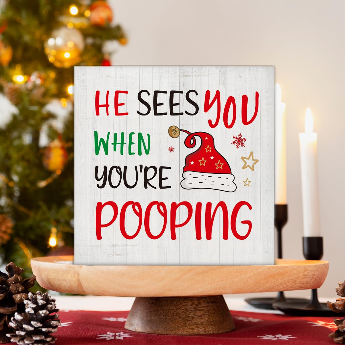 Christmas Bathroom Decorations - Funny Christmas Decor, He Sees You When You're Pooping Bathroom Wooden Sign, Home Decor for Des