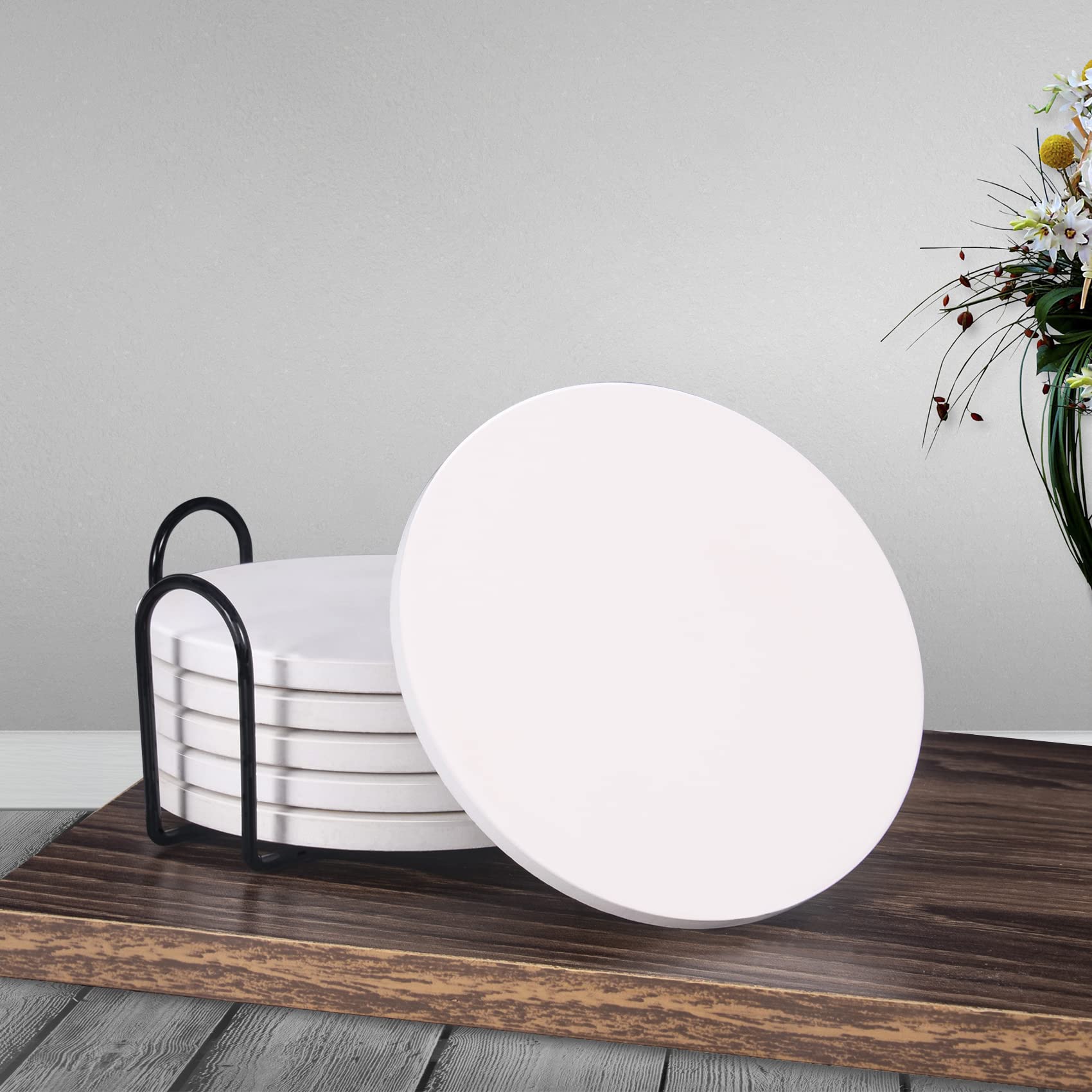 Abenkle Coasters For Drinks With Holder For Coffee Table, Absorbent Coaster Sets Of 6, Drink Coasters With Marble Ceramic, Cup C