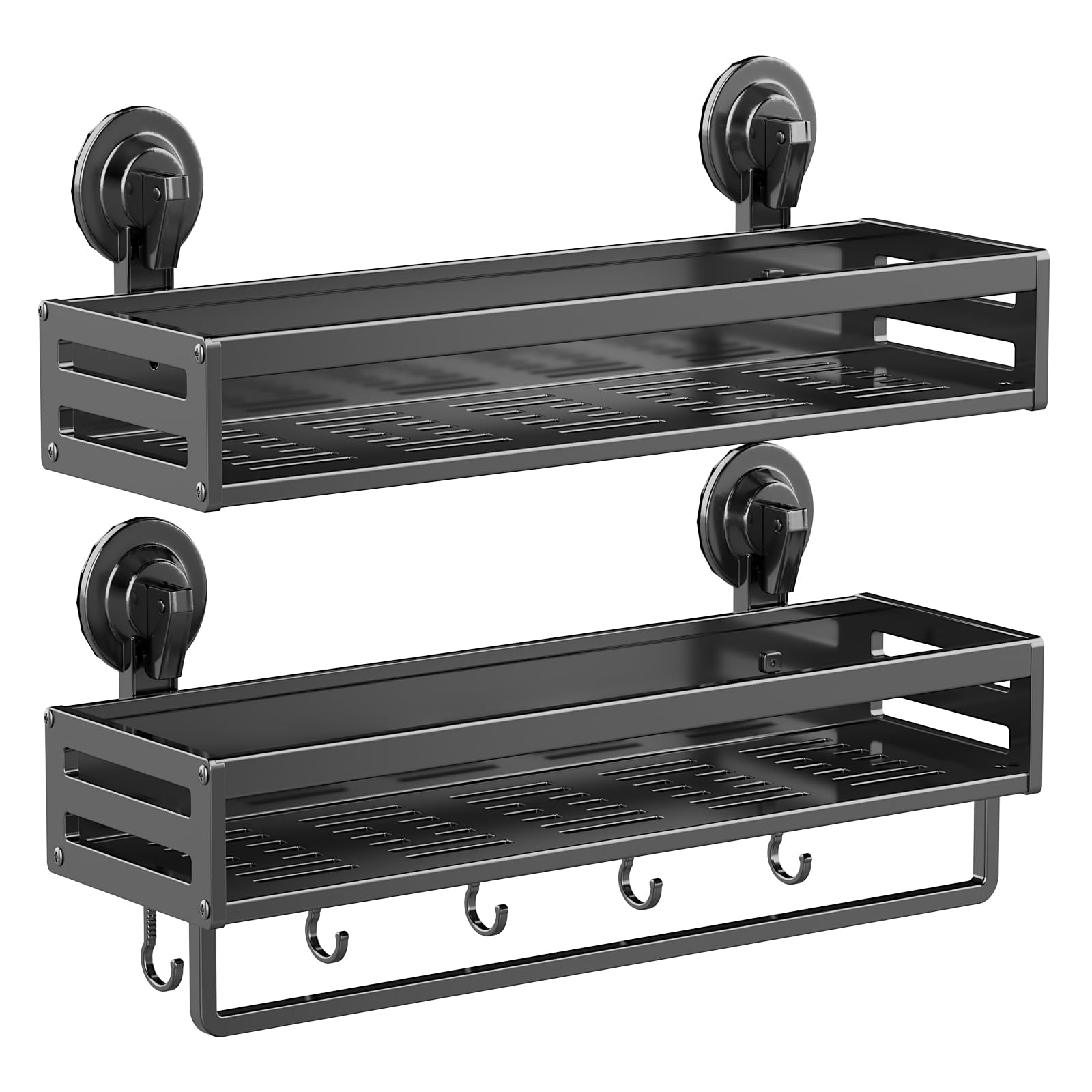Shower Caddy Suction Cup, 15.7 inch 2 Pack Suction Shower Shelf with Hooks NO-Drilling Bathroom Holder, Rustproof Bathroom Organ