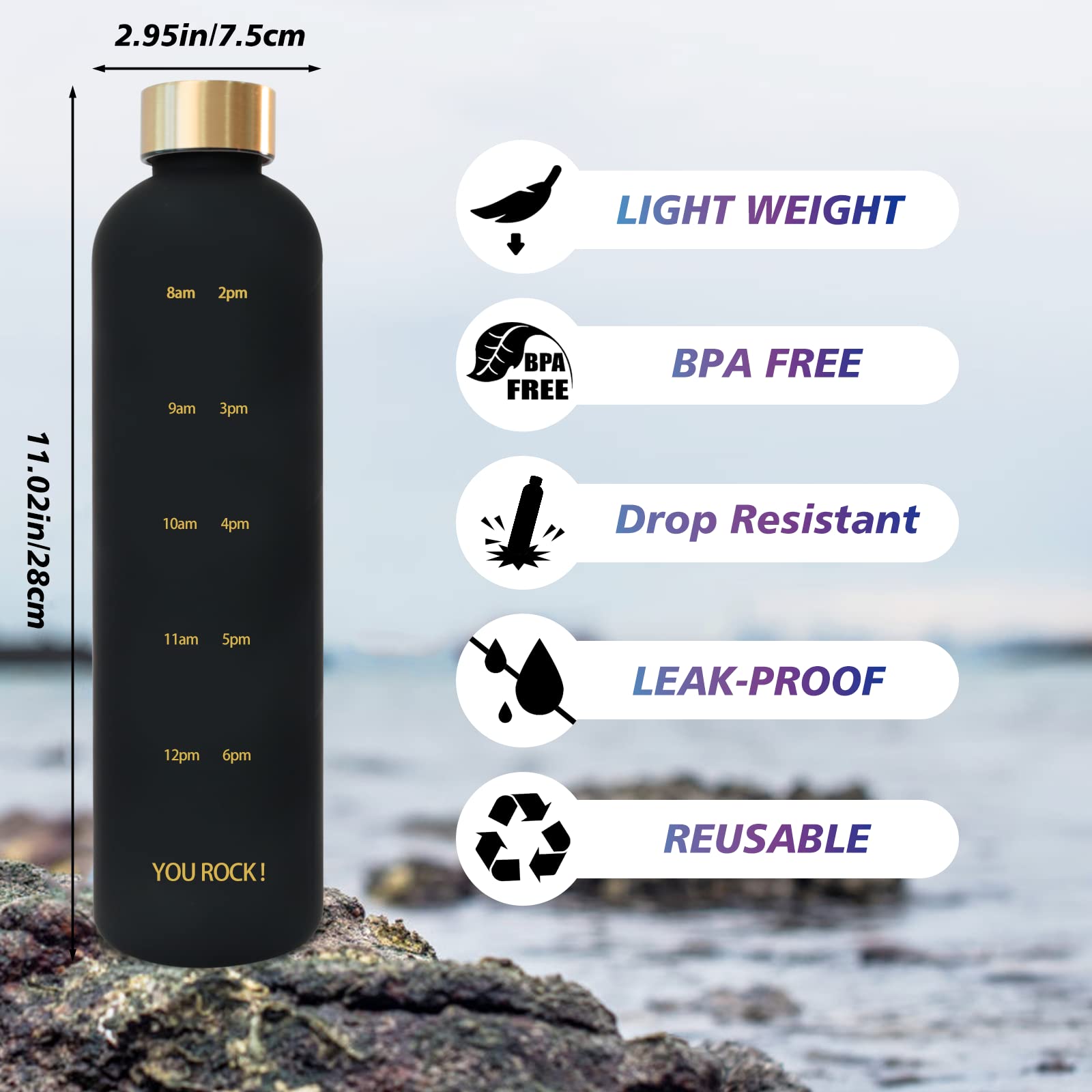 Zakvop 32Oz Water Bottle With Times To Drink, Lightweight Motivational Water Bottle With Time Marker, Bpa Free Reusable With Hyd