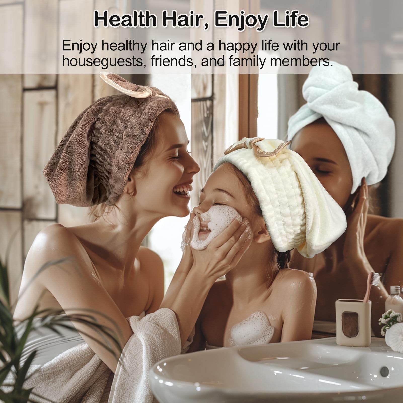 Jseng Microfiber Hair Towel Caps for Wet Hair with Cute Bowtie, 3Packs Fast Drying Hair Towel Caps for Long Curly Hair Women