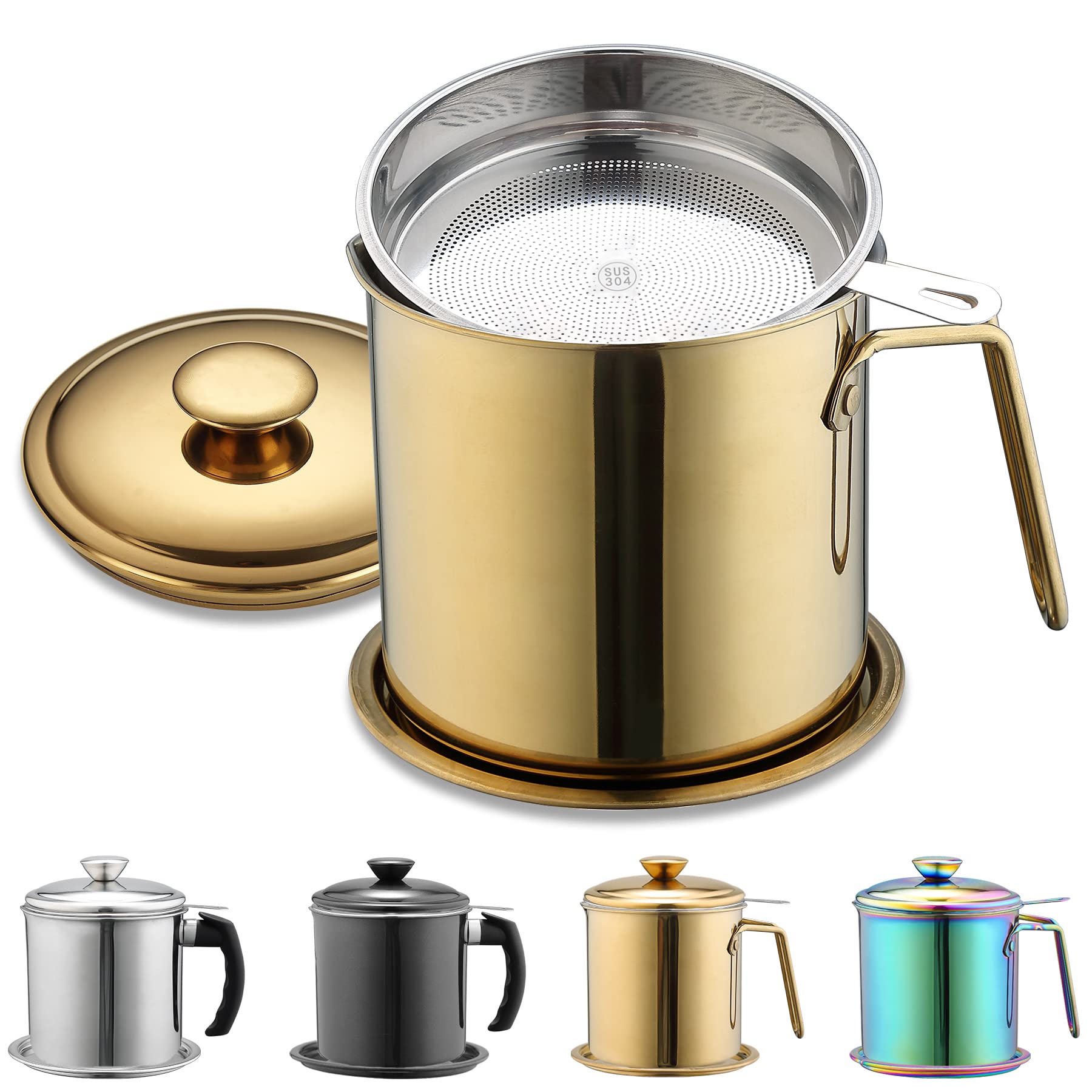 Berglander Gold Bacon Grease Container With Strainer 47Oz/1.4L, Titanium Golden Plating Stainless Steel Oil Storage Container Wi