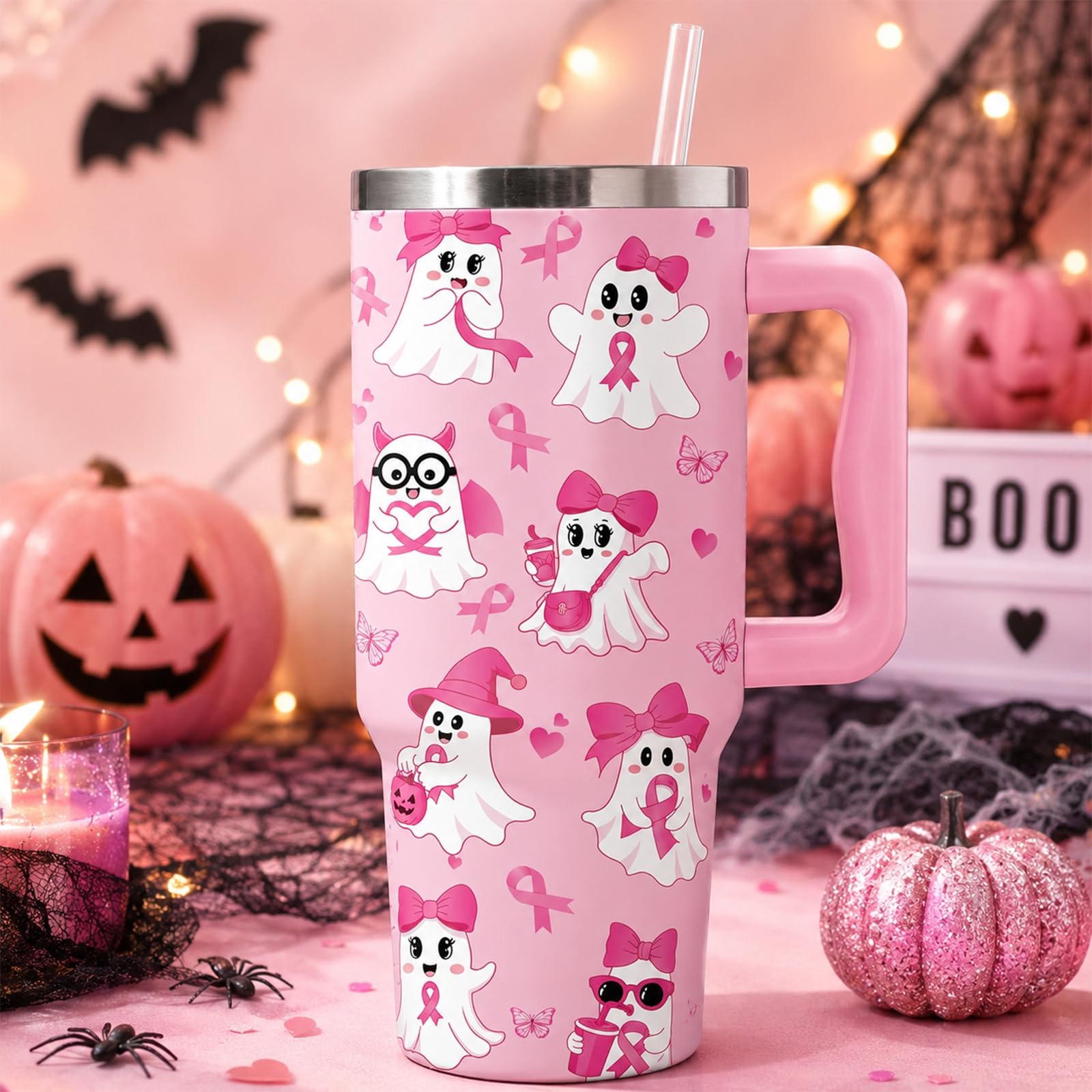 JarThenaAMCS Halloween Tumbler with Handle, Breast Cancer Awareness, 40 oz