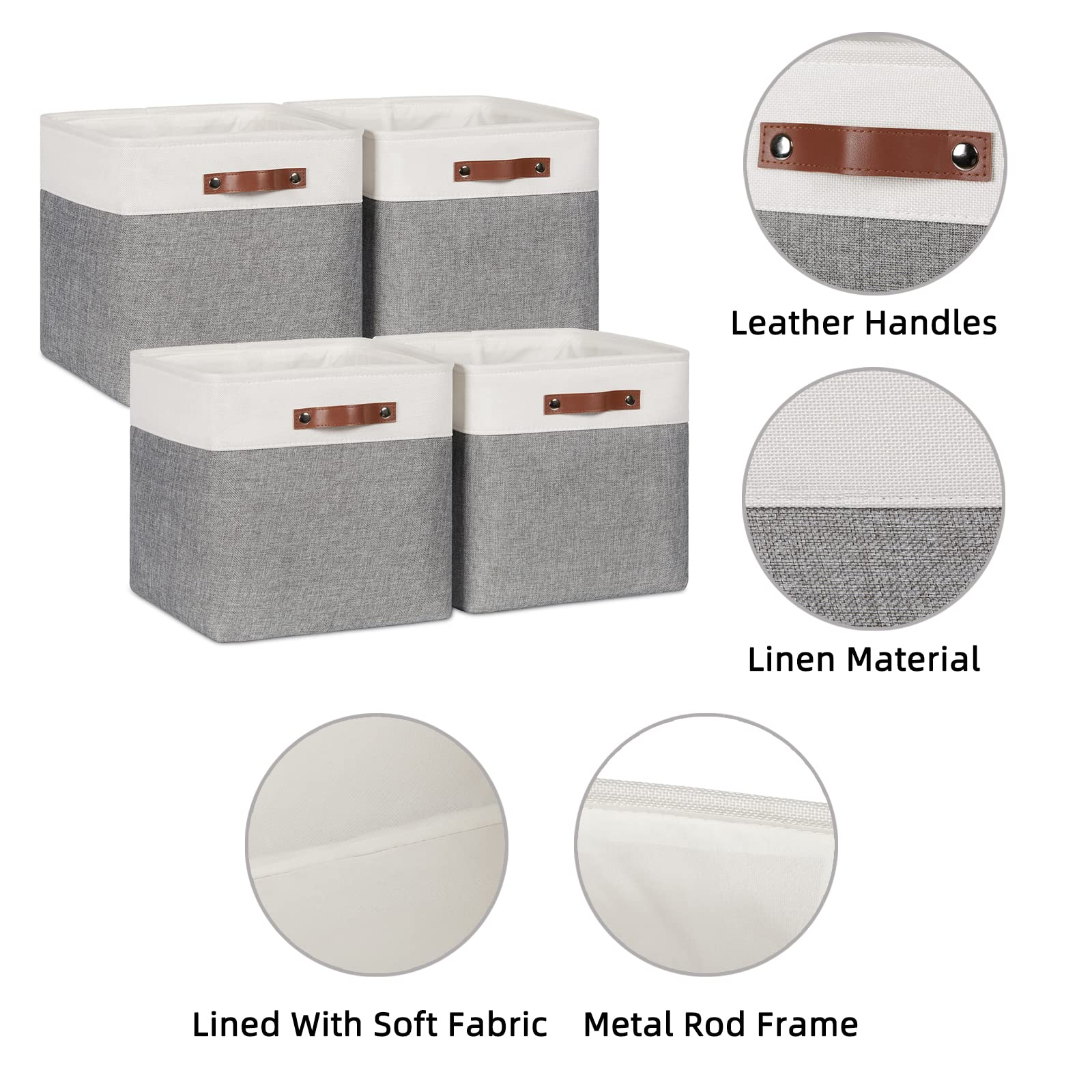 HNZIGE Foldable Storage Cubes Baskets Set(4 Pack) Fabric Bins for Shelves 13 Inch Storage Basket for Organizing with Leather Handles for Home  Toys  Clothes  Kids Room  Closet Storage(White&Gray)