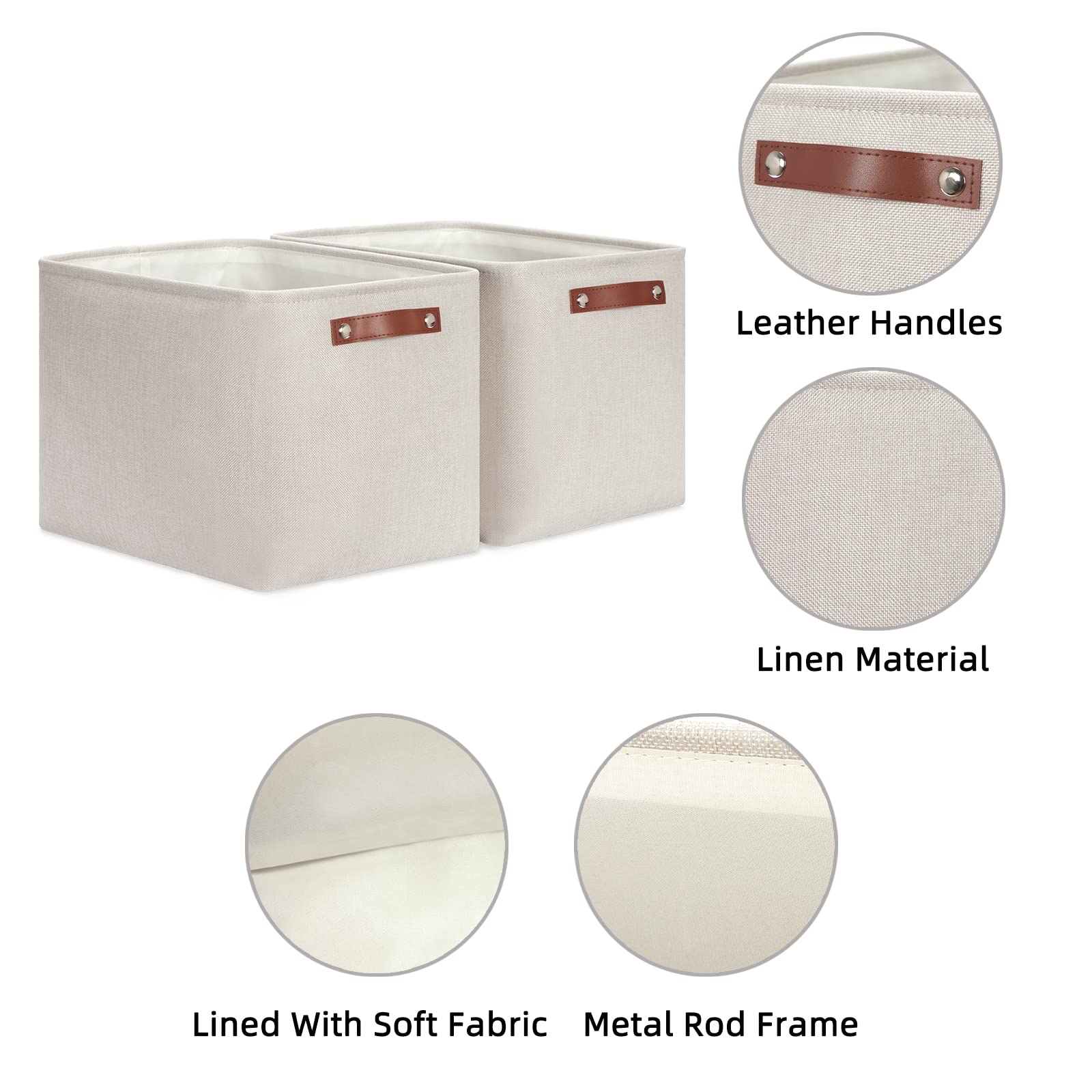 Hnzige Large Canvas Baskets 16 ''  11.8 ''  11.8 '' Decorative Storage Bins With Leather Handles (2 Pack) Collapsible Rectangle
