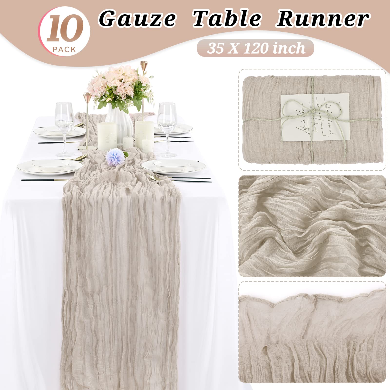10 Pcs Rosy Brown Cheesecloth Table Runner 10Ft, Gauze Table Runner For Wedding Reception Sheer Bridal Shower Birthday Party Boh