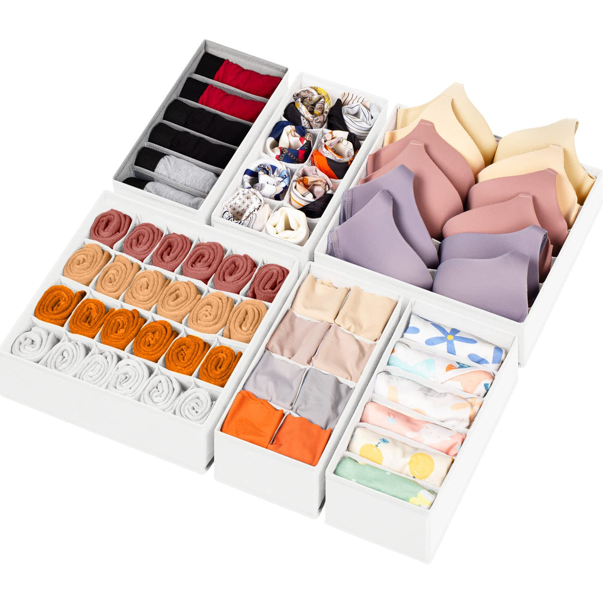 6 Pack Sock Underwear Drawer Organizer Dividers, 58 Cell Foldable Fabric Dresser Closet Organizers and Storage Bins for Clothing