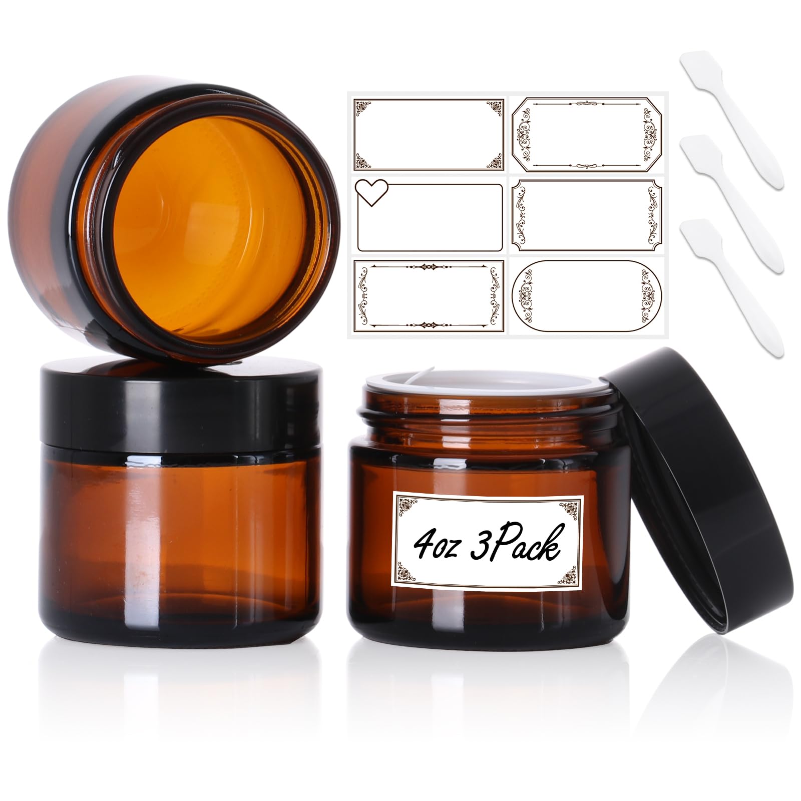 3 Pack 4 Oz Amber Glass Jars With Lids, Cosmetic Jars With Inner Liners And Black Lids, Lotion Jars, Candle Making Jars For Loti
