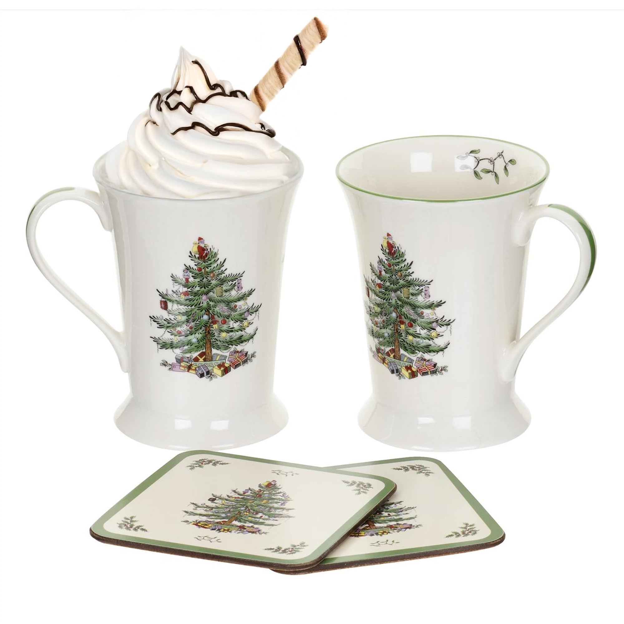 Spode Pimpernel Christmas Tree Mug and Coaster Set | 10 Oz Porcelain Coffee Mugs | Set of 2 | Corked Back Board Coasters