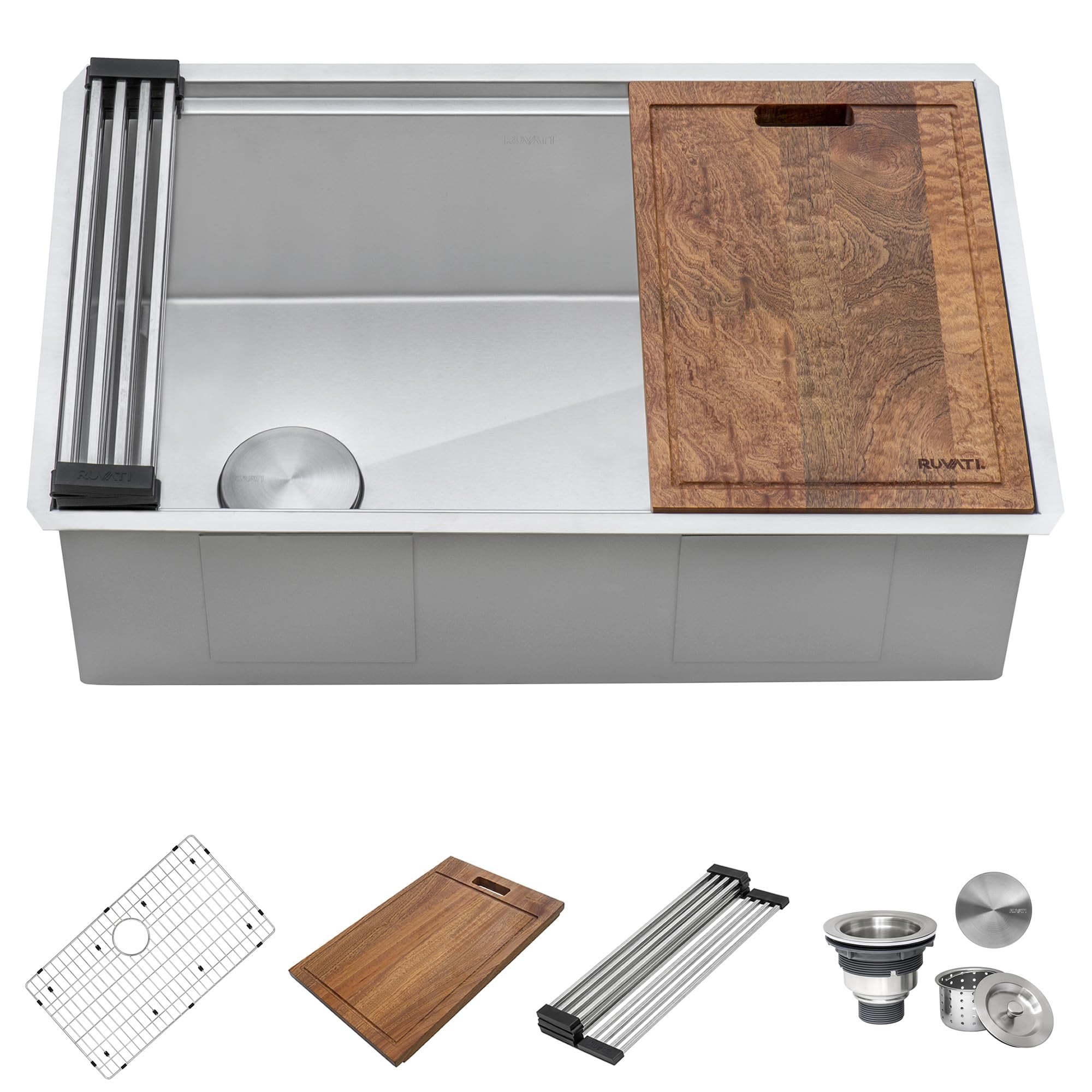 Ruvati 33-Inch Workstation Slope Bottom Offset Drain Undermount 16 Gauge Kitchen Sink - Rvh8591