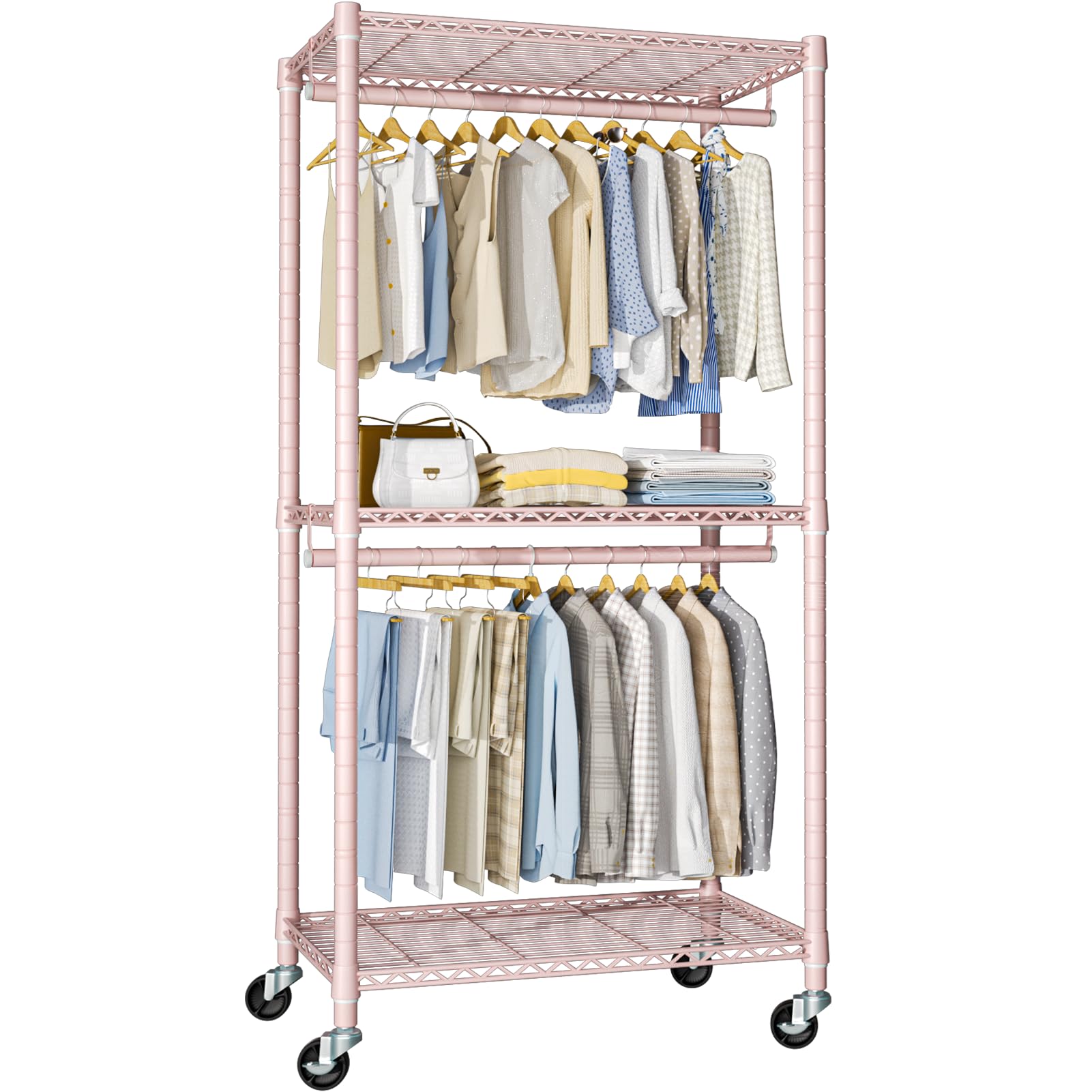 Futassi P1 Medium Heavy-Duty Portable Closet, 30'' W X 14'' D X 76'' H, Metal Rolling Clothing Rack, Pink