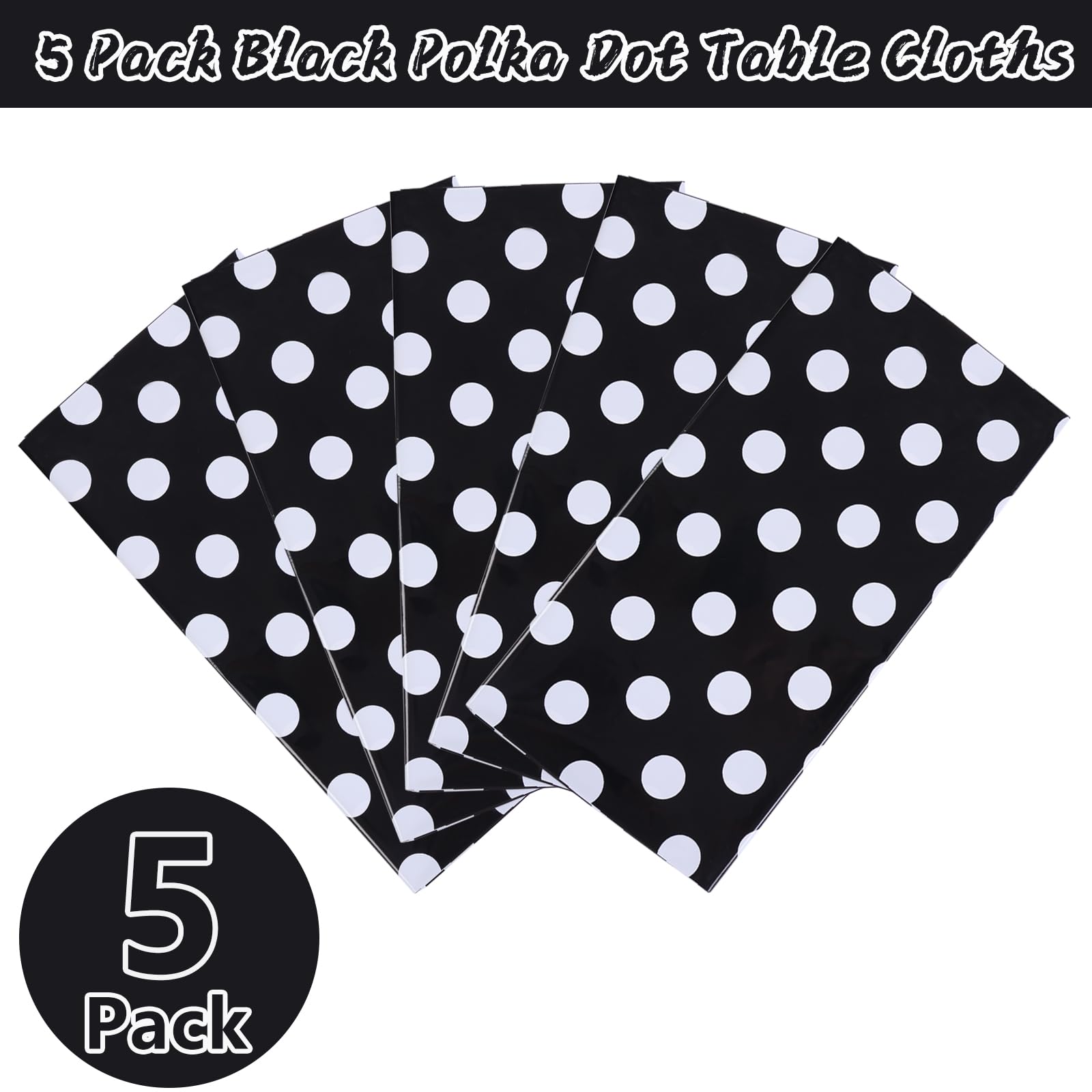 Kesfey 5 Packs Black And White Dots Table Cloth 54X108 Inch Black Polka Dot Mini Mouse Plastic Table Cloth Disposable Black Wate