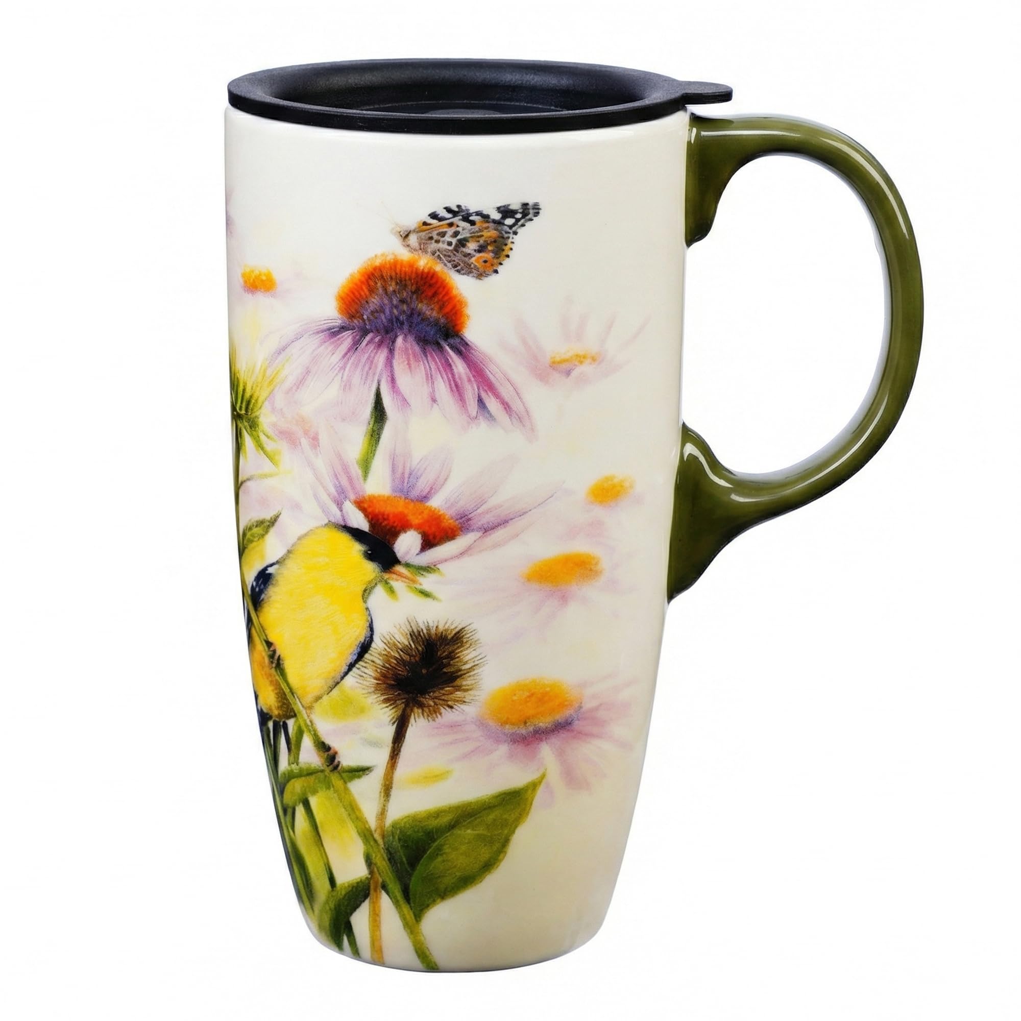 Topadorn Goldfinch Bird Coffee Mug with Lid, 17oz Ceramic Travel Mug, Watercolor Wildflower Tea Cup, Microwave & Dishwasher Safe