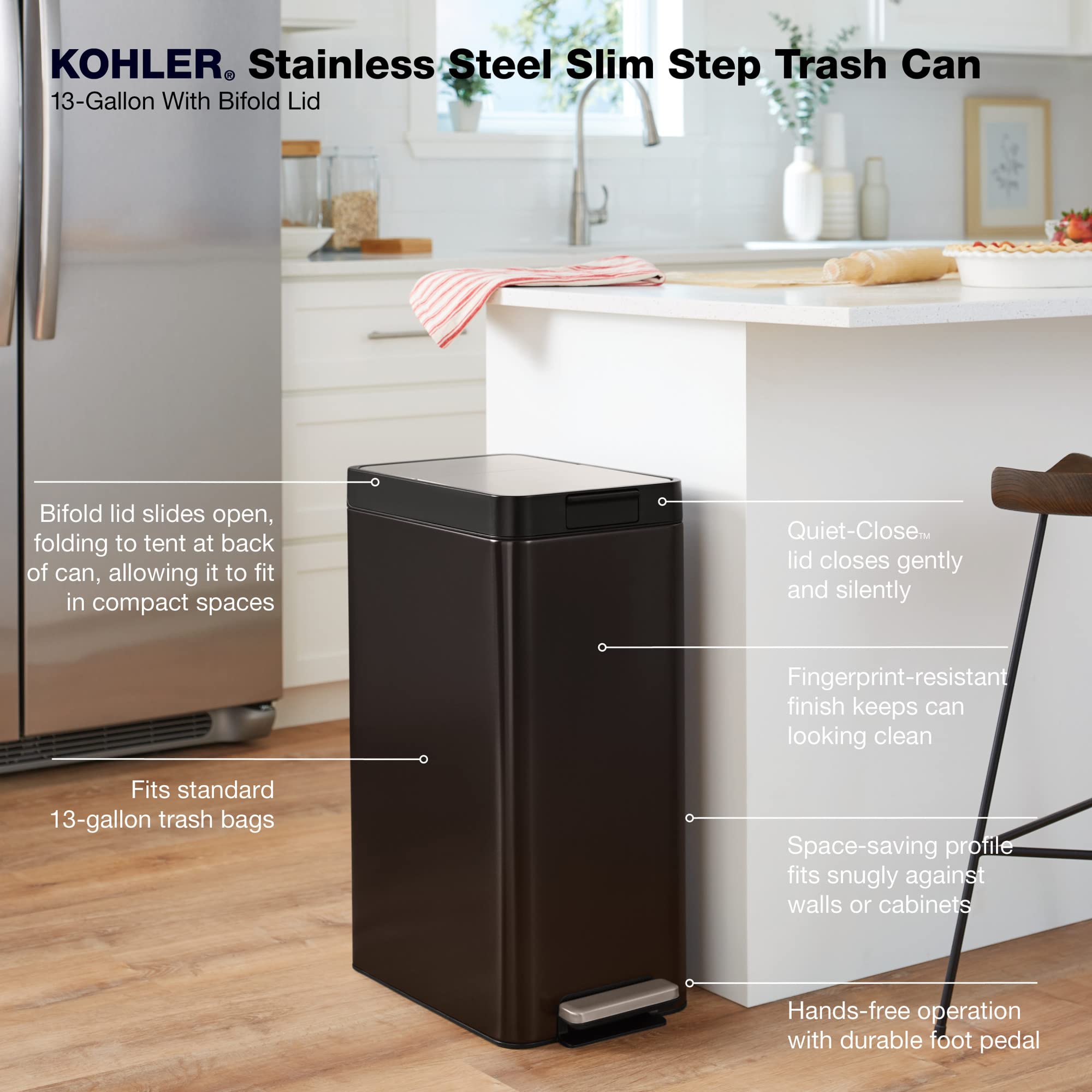 Kohler 23826-Bst 13 Gallon Elongated Kitchen Step Trash Can With Foot Pedal, Soft Close Lid, Black Stainless Steel