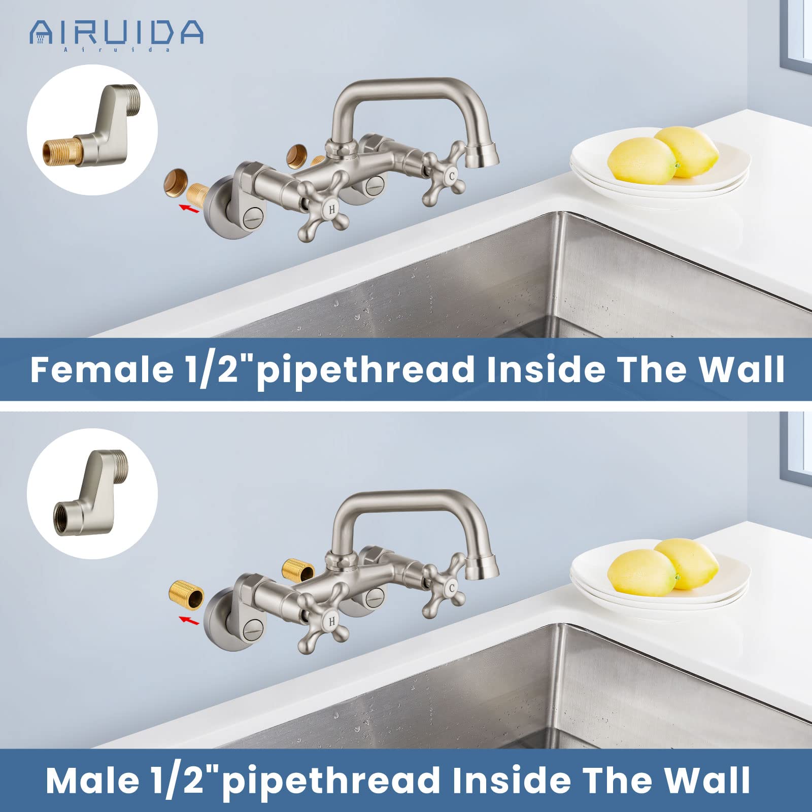 Airuida Wall Mounted Faucet Kitchen Brushed Nickel 6 Inch(15Cm) Spout Reach Adjustable Center Double Cross Handles 3 Inch To 9 I