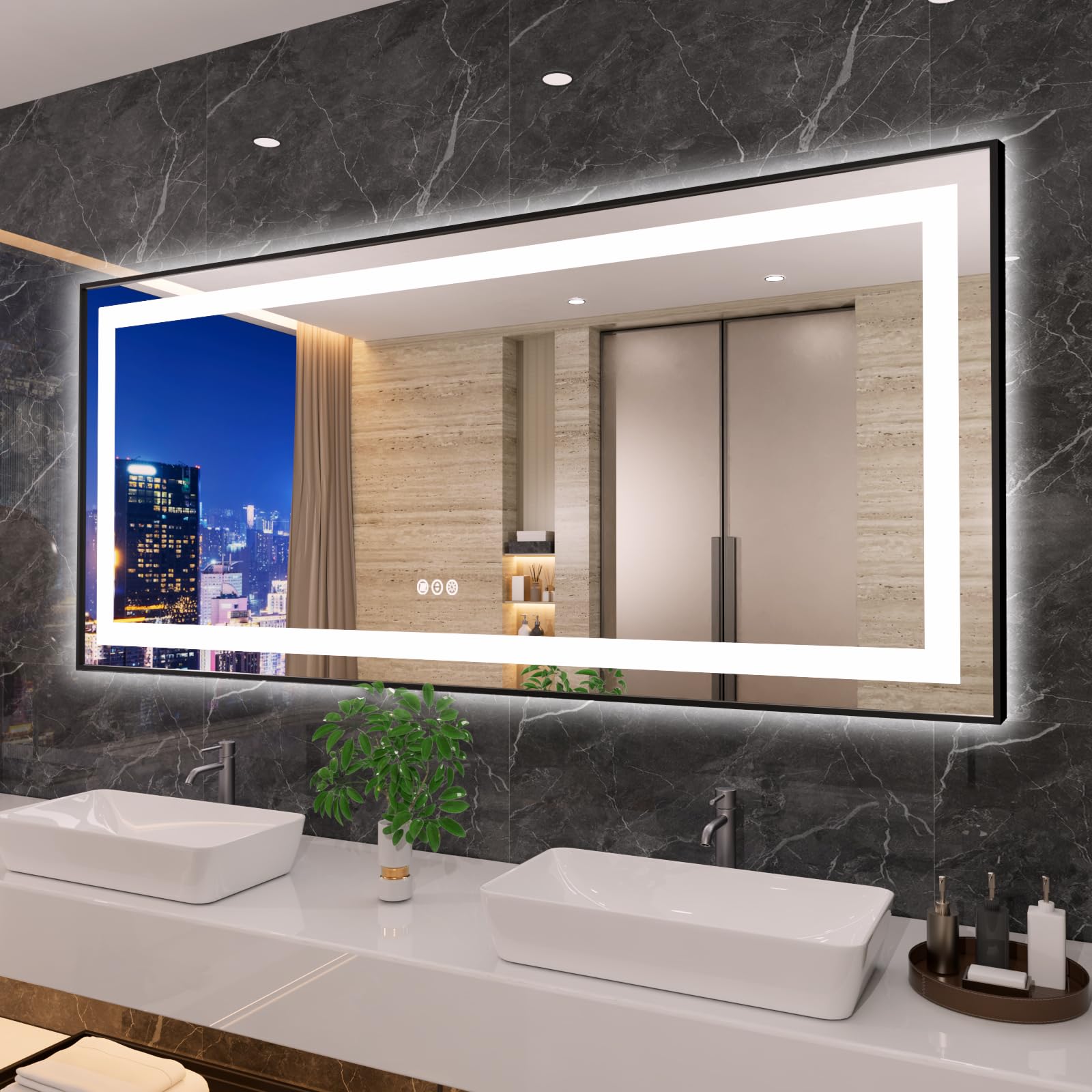 Amorho 72''X 32'' Led Bathroom Mirror Framed, Front Light And Backlit, Stepless Dimmable, Anti-Fog, Shatter-Proof, Memory, 3 Col