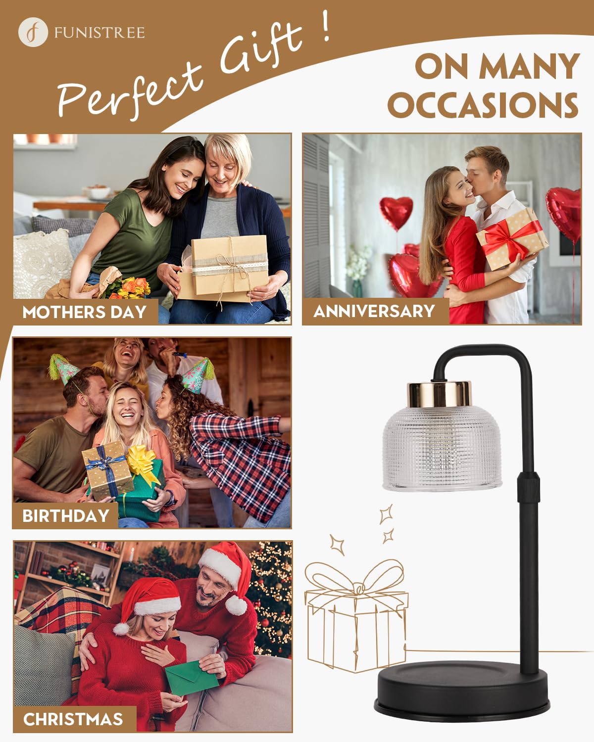 Funistree Candle Warmer Lamp - Dimmable Brightness, Timer, Black & Gold, Glass - Ideal Housewarming & Christmas Gift for Women & Moms