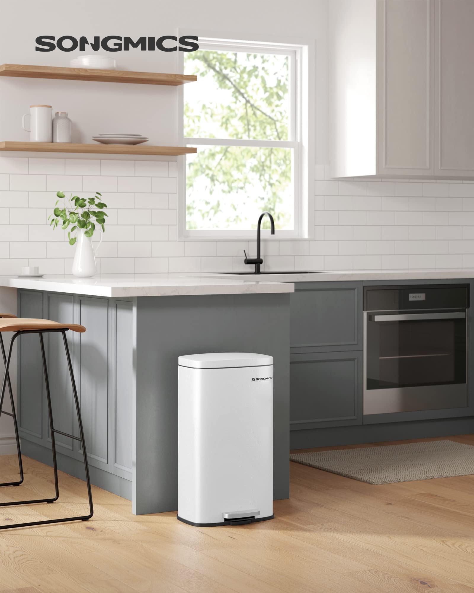 Songmics 8-Gallon Trash Can, Stainless Steel, With Hinged Lid, Plastic Inner Bucket, Soft Closure, Odor Proof, Hygienic, White