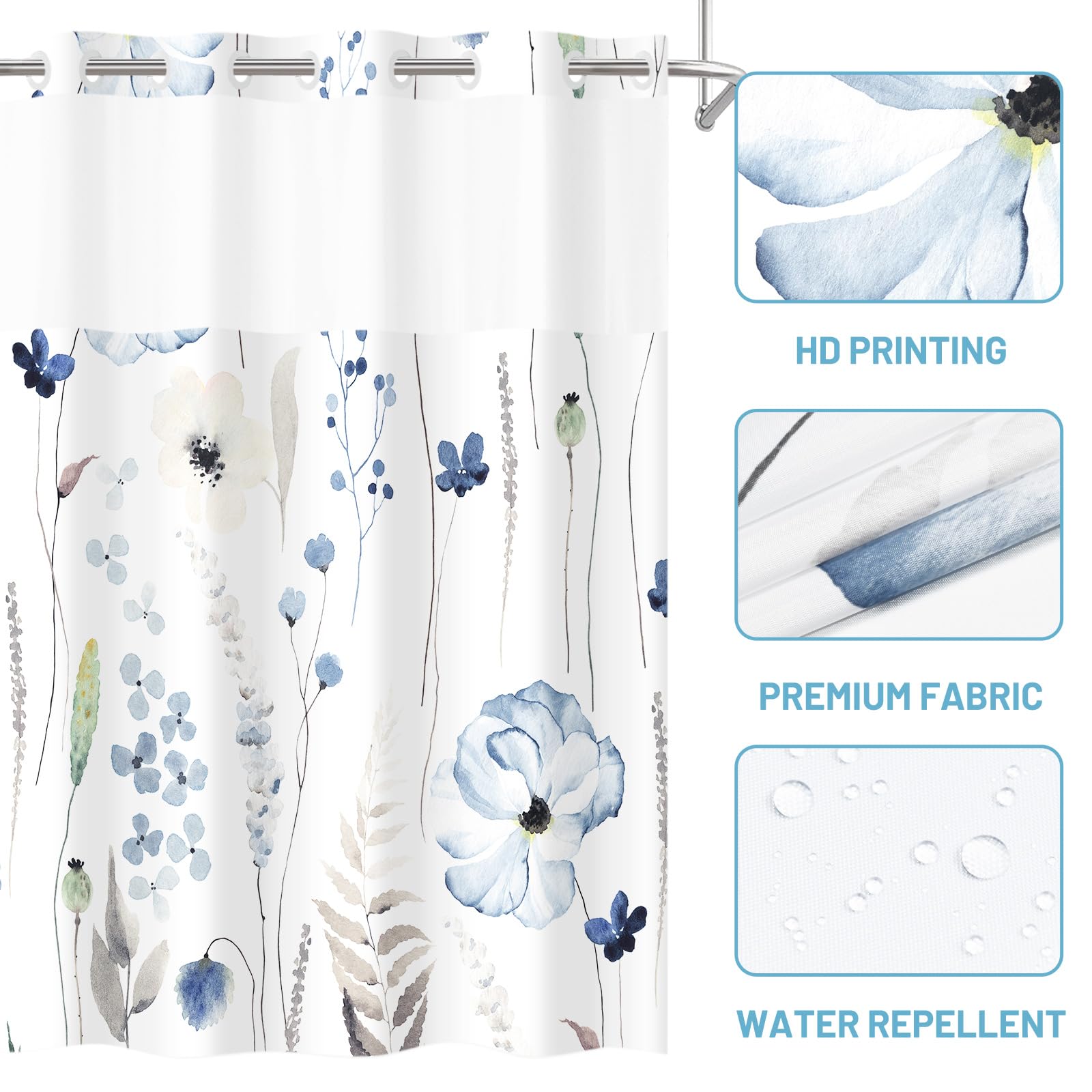 Withloc No Hook Shower Curtain With Snap In Liner - Floral Shower Curtain - Fabric Waterproof Inner Liner, Plants Watercolor Nav