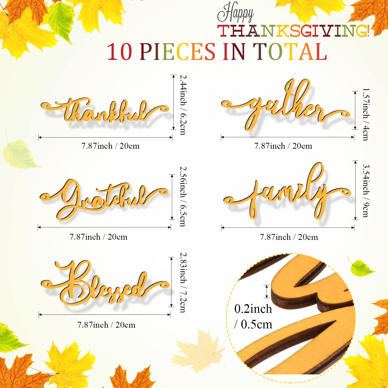 Jetec 10 Pieces Thanksgiving Decor Thankful Grateful Blessed Wood Cutout Sign for Plate Table Wall Decor Rustic Wooden Word Cuto