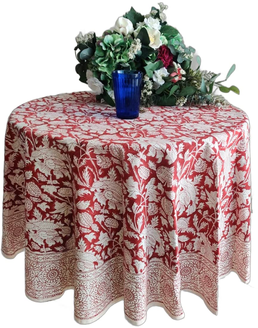 ATOSII Meraki Red 100% Cotton Round Tablecloth, Handblock Print Floral Table Cloth for Kitchen Dining Linen I Parties, Weddings,