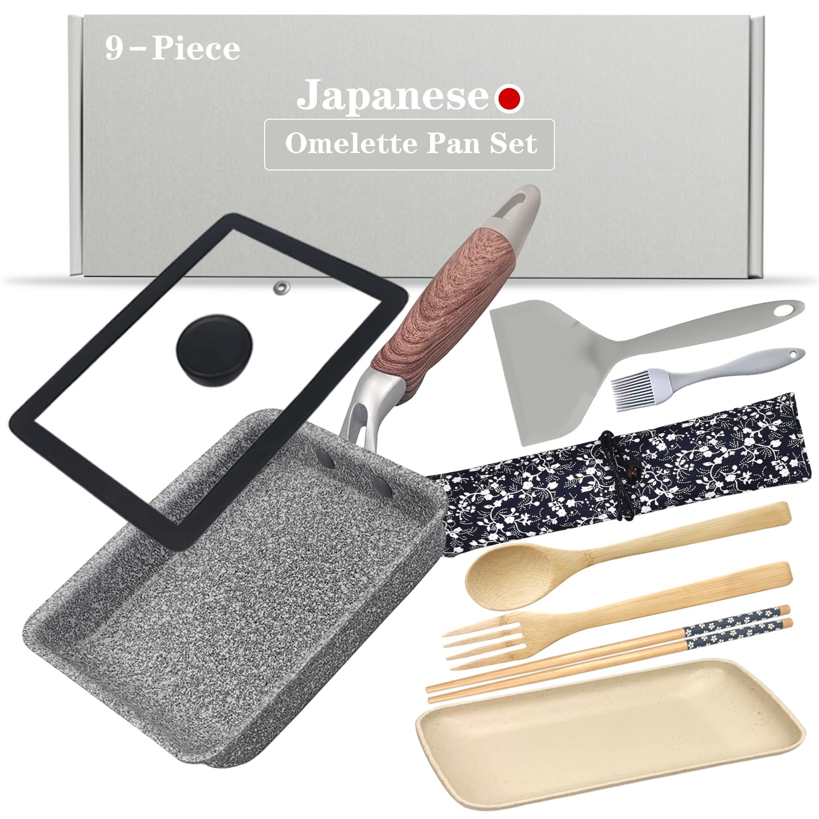 Dxbviex 9 Pcs Tamagoyaki Pan Set, Japanese Omelette Pan Nonstick With Lid, Square Japanese Egg Pan, Rectangle Tamago Pan 7'' X 5