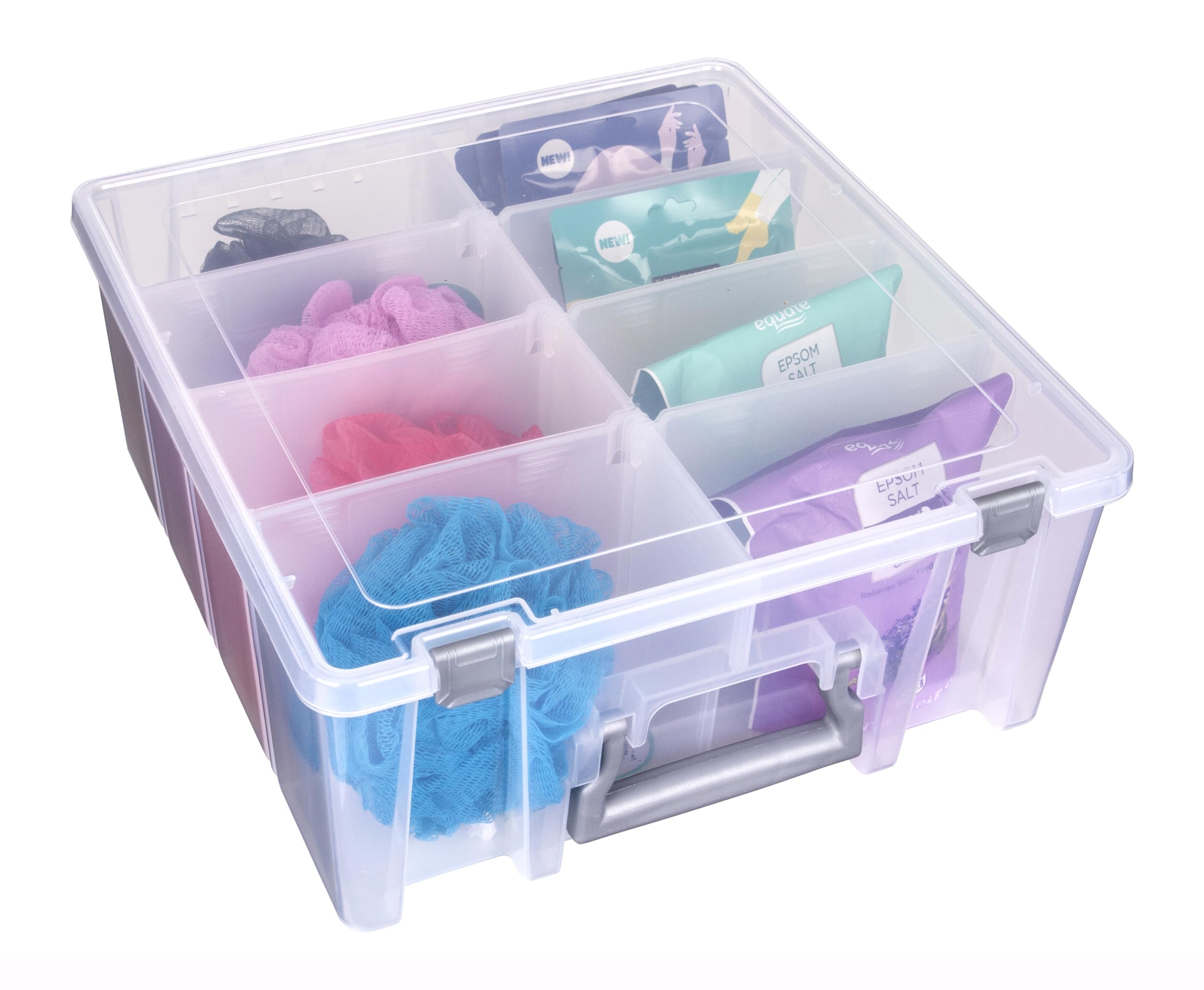 AB Designs 6990ABD Super Satchel Double Deep with Removable Dividers  Stackable Home Storage Organization Container  Clear with Sliver Latches and Handle