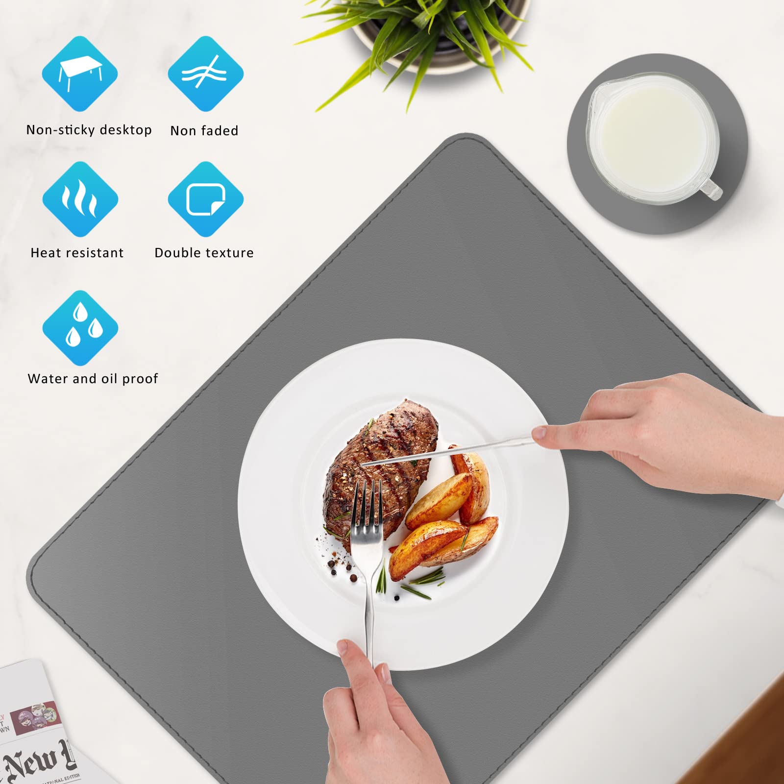 Aplker Vinyl Placemats Set Of 6, Grey Waterproof Faux Leather Heat Resistant Kitchen Place Mats, Wipeable Dining Table Place Mat