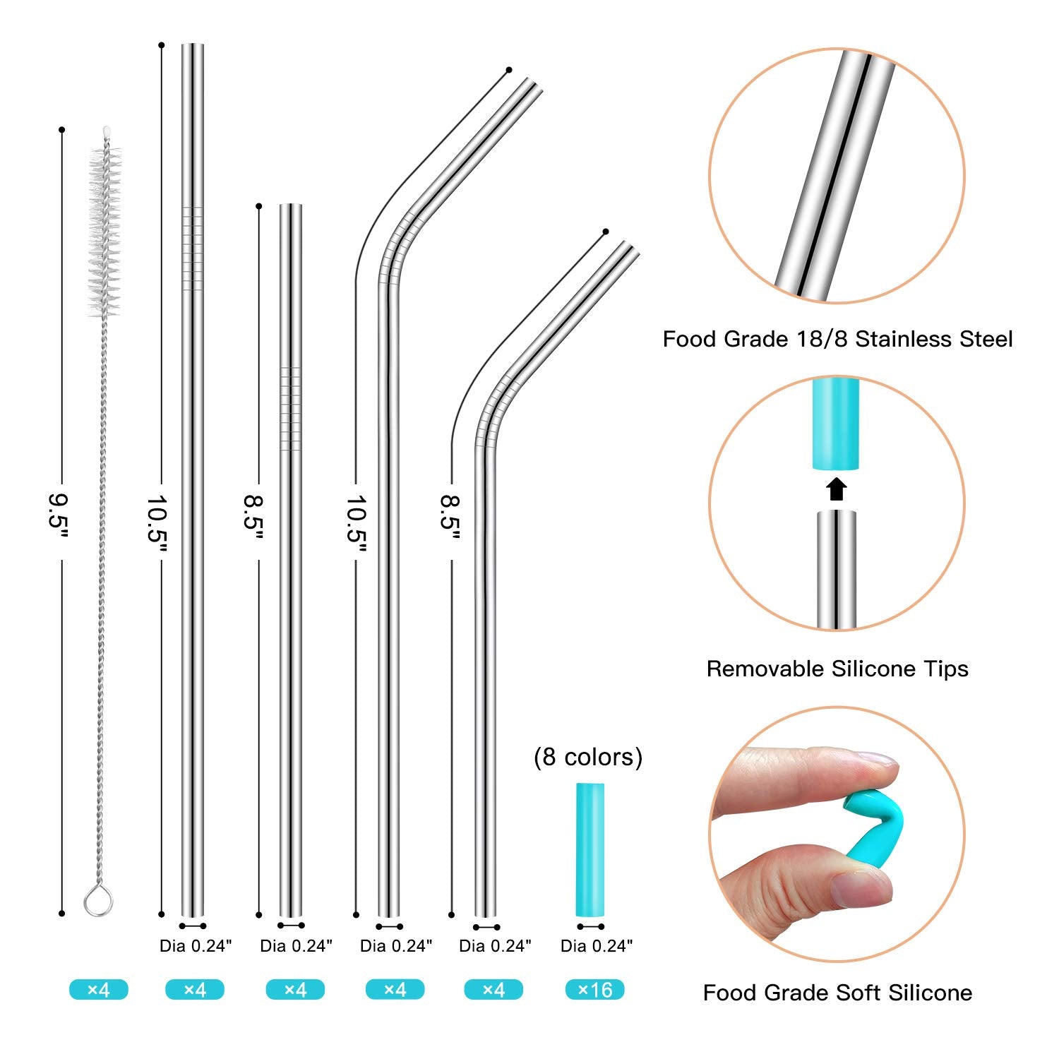 Strawexpert Set Of 16 Reusable Stainless Steel Straws With Travel Case Cleaning Brush Silicone Tips Eco Friendly Extra Long Meta