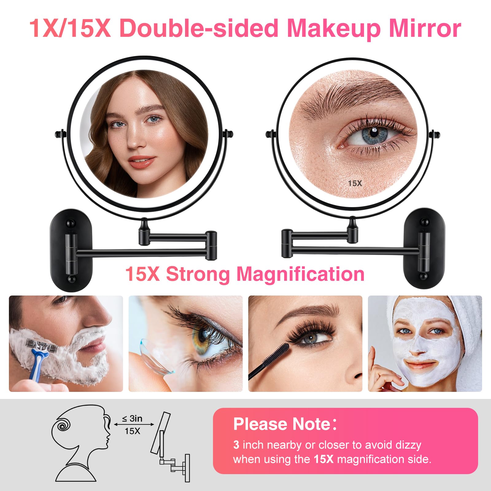 Greenfrom Magnifying Mirror With Lights 1X/15X Rechargeable: 8.5 Inch Wall Mounted Lighted Makeup Mirror For Bathroom