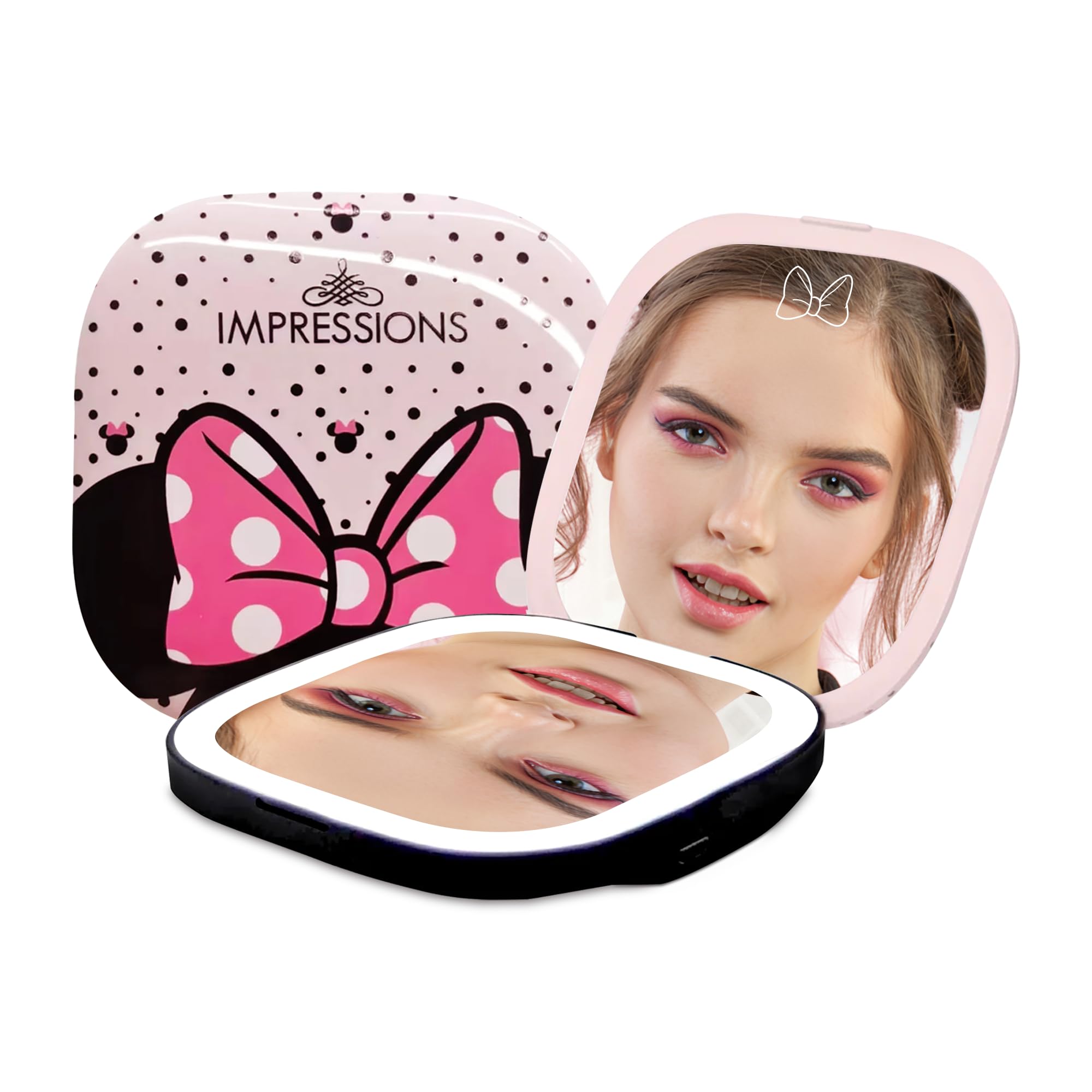 Impressions Vanity Disney Minnie Mouse Compact Mirror With Light, Double Sided Cute Travel Makeup Mirror With Magnification, 3 C