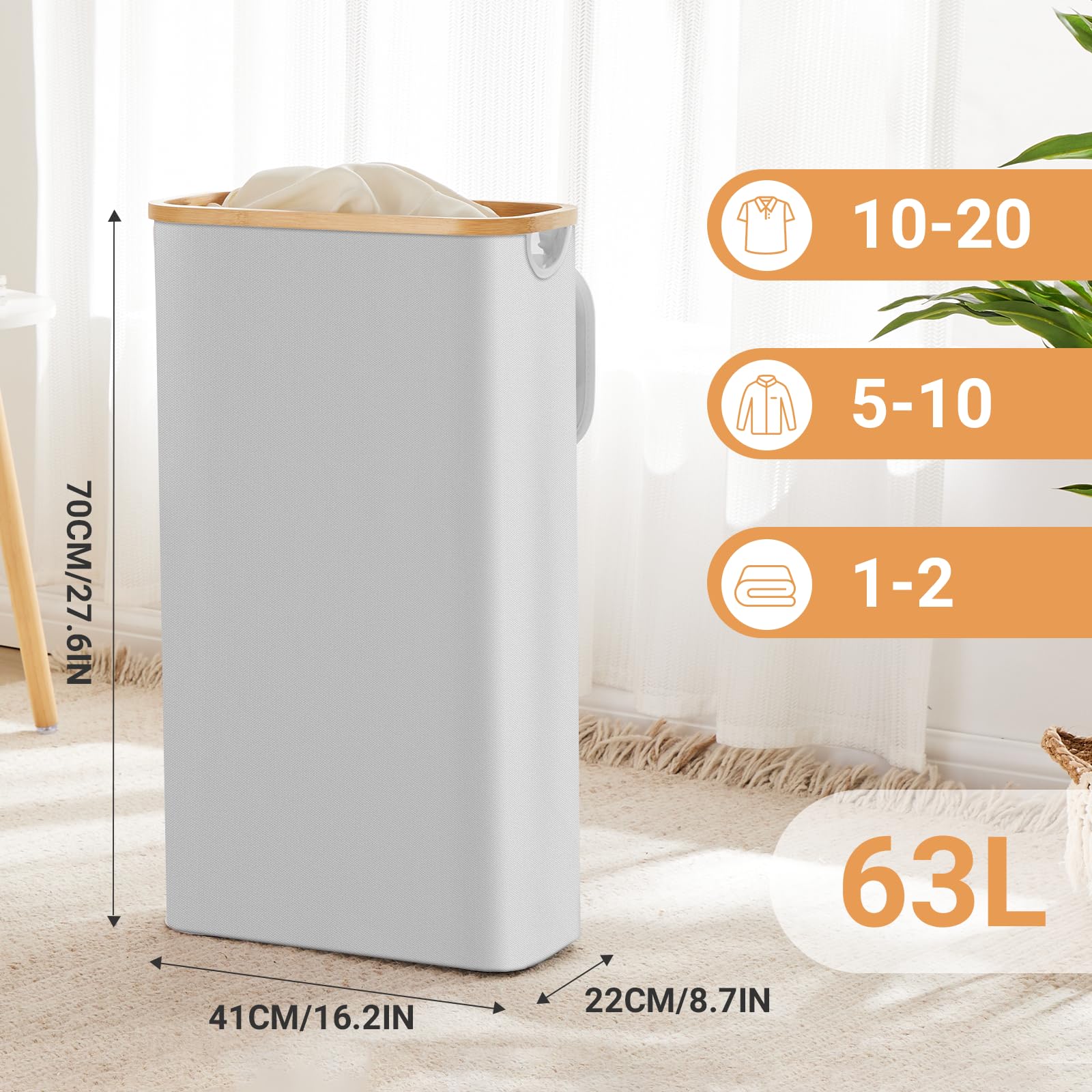 Fiona'S Magic Slim Laundry Hamper With Lid, 63L Narrow Laundry Basket With Removable Bag, Grey Collapsible Dirty Clothes Basket,
