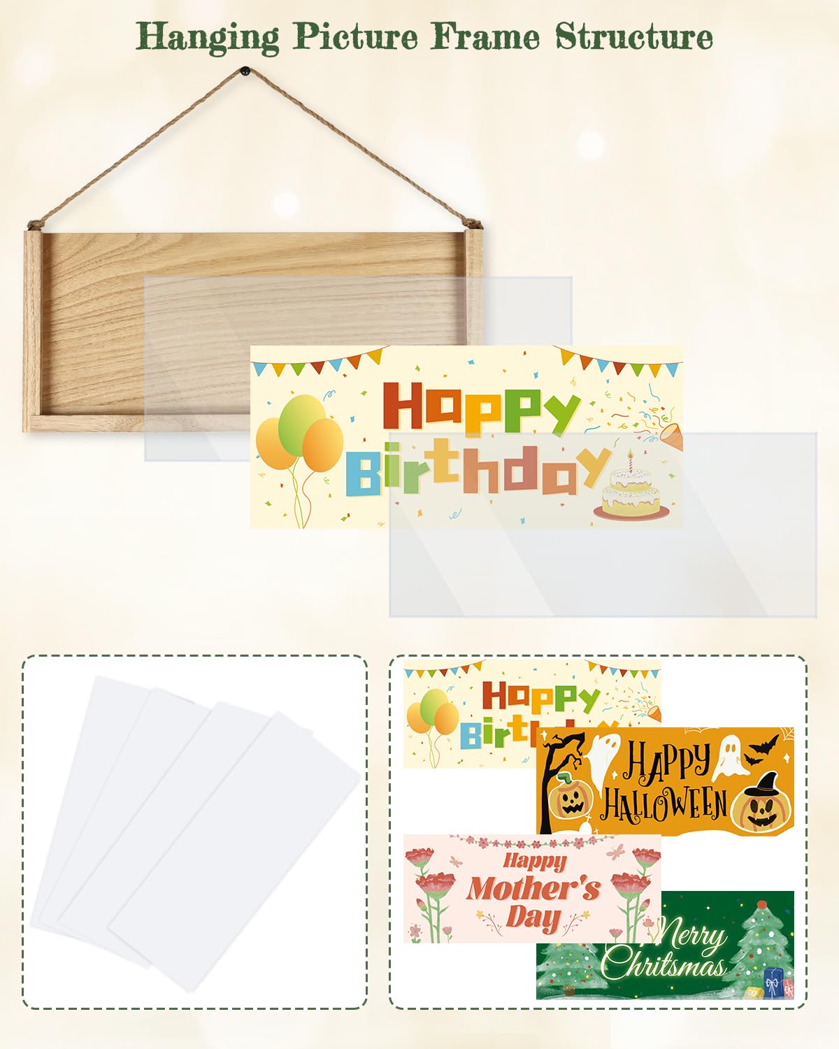 Bikoney Rustic Collage Photo Display Wall Decor with Happy Birthday Banner, Gift Card Storage and 30 Clips for Dorm Room, Bedroo