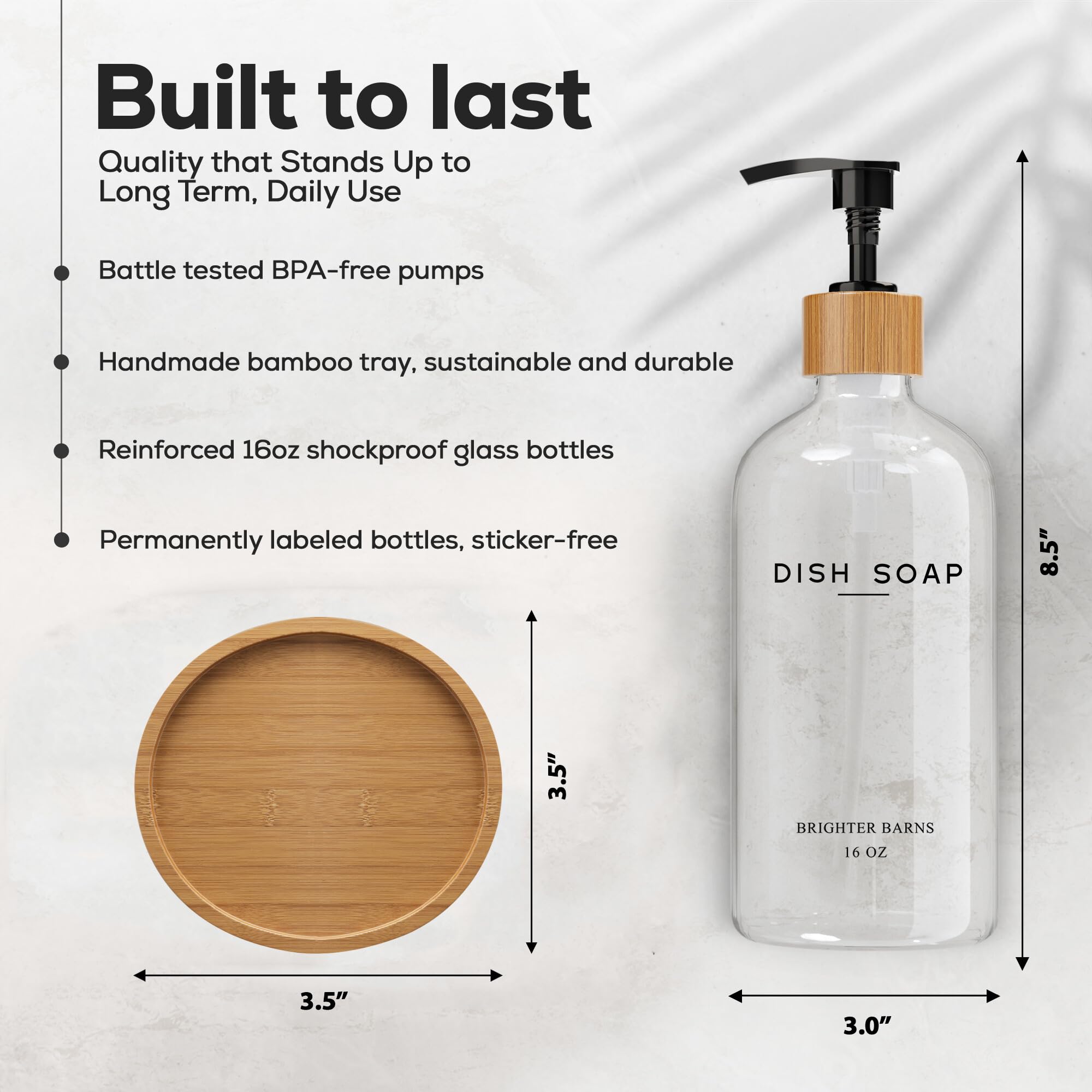 Clear Glass Dish Soap Dispenser For Kitchen Sink By Brighter Barns - Kitchen Soap Dispenser Set With Bamboo Tray - Modern Kitche