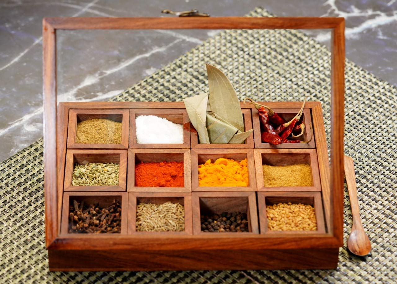 Kitdeco Sheesham Decorative Multipurpose Wooden Boxes/Masala Dabba Containers Jars & Wooden Masala Box With 12 Cotainer For Kitc