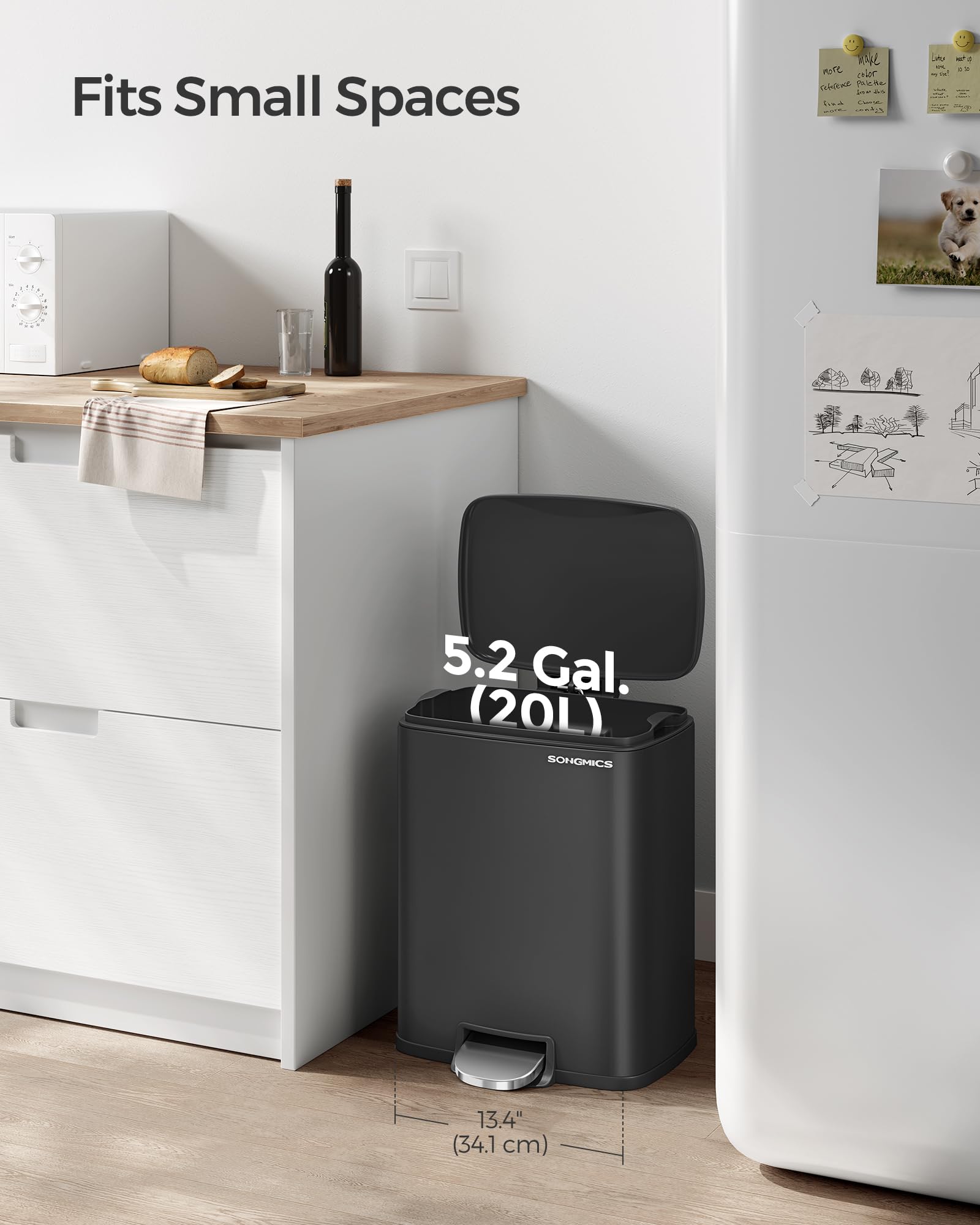 Songmics Trash Can, Garbage Can With Lid, 5.2-Gallon (20L) Step Trash Bin For Kitchen, Stainless Steel, Soft Close And Stays Ope