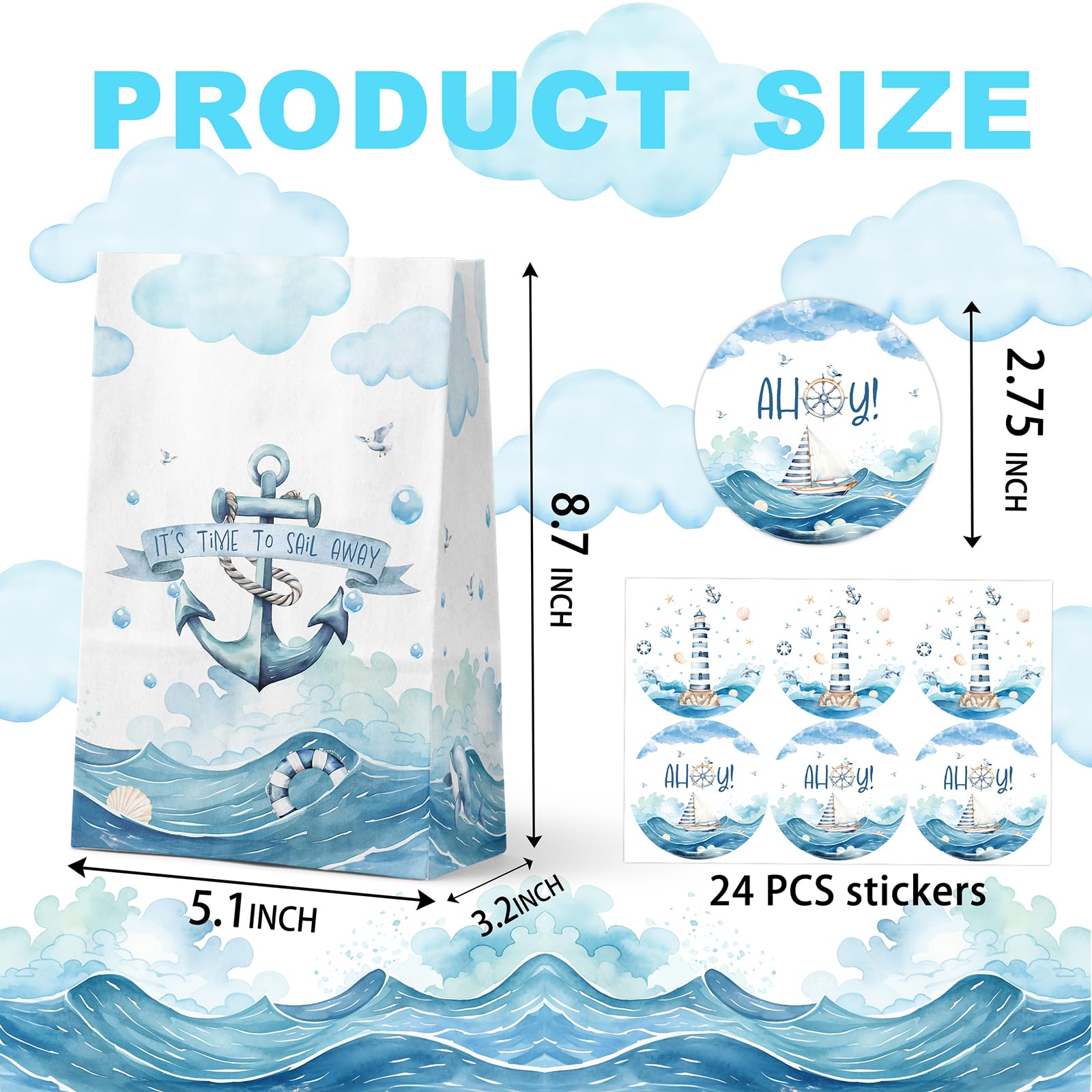Celee 24-Pack Nautical Goodie Bags With Stickers - Ideal For Kids' Birthdays, Baby Showers, And Nautical Themed Parties