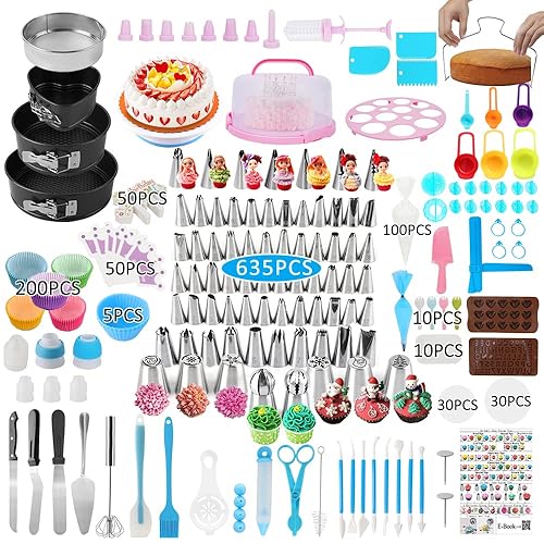 Cake Decorating Kit,635 Pcs Cake Decorating Supplies With 3 Springform Pan Sets Icing Piping Nozzles Cake Rotating Turntable Cak