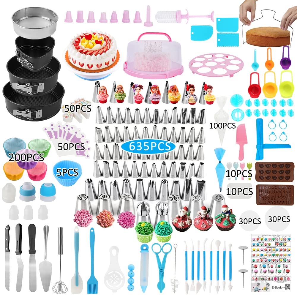 Cake Decorating Kit,635 Pcs Cake Decorating Supplies With 3 Springform Pan Sets Icing Piping Nozzles Cake Rotating Turntable Cak